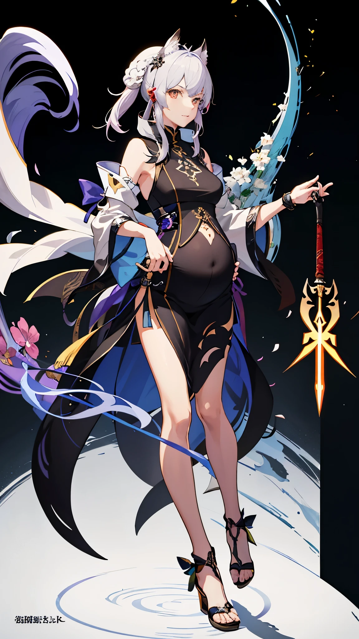 a woman in a dress holding a dagger and a dagger, video game character, from arknights, fox nobushi holding a dagger, hajime yatate, keqing from genshin impact, random haired deity, with small sword, ayaka genshin impact, female action anime girl, official character art, anime character, pregnant anime girl, fetus, random hair color, pregnant belly