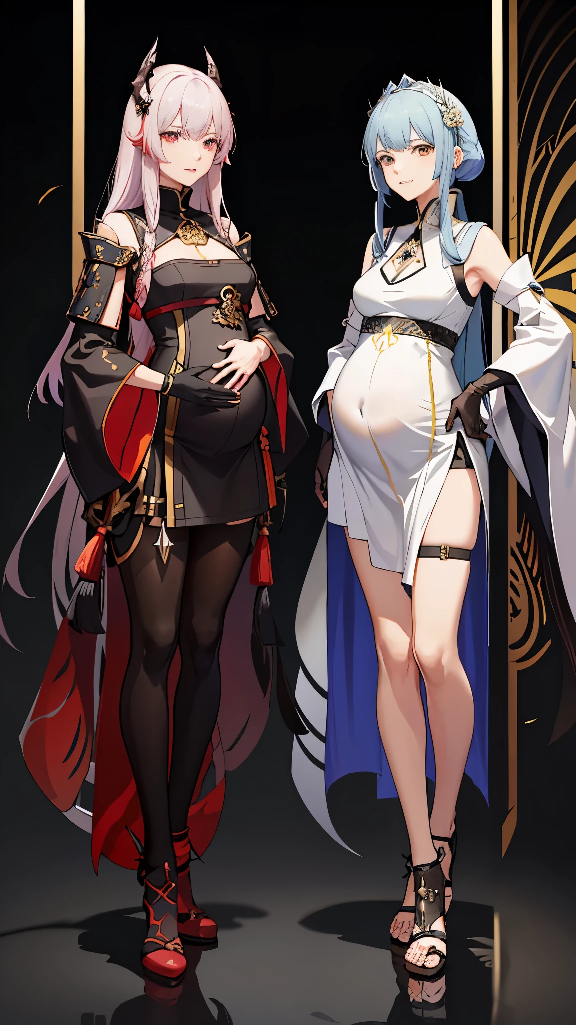 a woman in a dress holding a dagger and a dagger, video game character, from arknights, fox nobushi holding a dagger, hajime yatate, keqing from genshin impact, random haired deity, with small sword, ayaka genshin impact, female action anime girl, official character art, anime character, pregnant anime girl, fetus, random hair color, pregnant belly