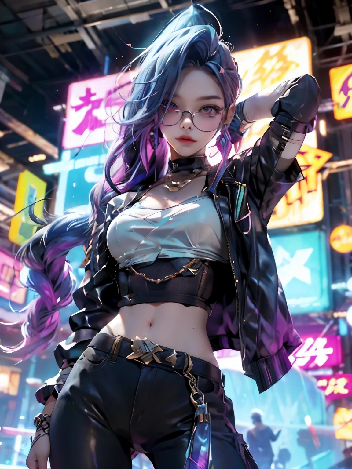 in cyberpunk city, cyberpunk photo, cyberpunk 2 0 y. o model girl, in a futuristic cyberpunk city, female, in a cyberpunk city, cyberpunk beautiful girl, in cyberpunk style, cyberpunk girl, futuristic cyberpunk tokyo night, at cyberpunk city, (tmasterpiece、4k resolution、ultra-realistic realism、The is very detailed), "Full and juicy lips, mesmerizing wide eyes, a defined jawline, and high cheekbones. A perfectly symmetrical face with distinct features.", wearing glasses, Japaneses.
