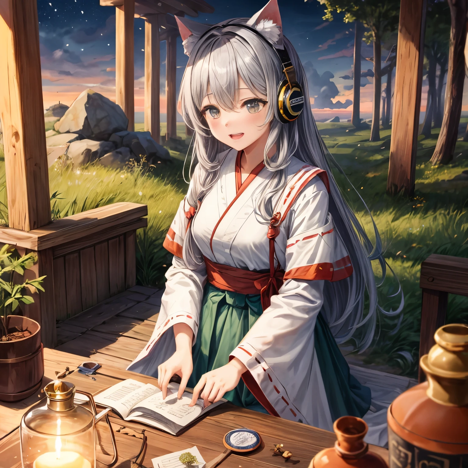 masterpiece, highest quality, movie stills, 1 girl, Cloud Girl, floating in the sky, close, bright, Happy, warm and soft lighting, sunset, (spark:0.7)、Cat ear、headphone、gray hair、17 year old girl、cute、Glamour、good style、laughter、Plump、good style、grassland、in the forest、shrine maiden、fortune teller、mature、earthquake、tsunami、meteorite、comet、various poses、