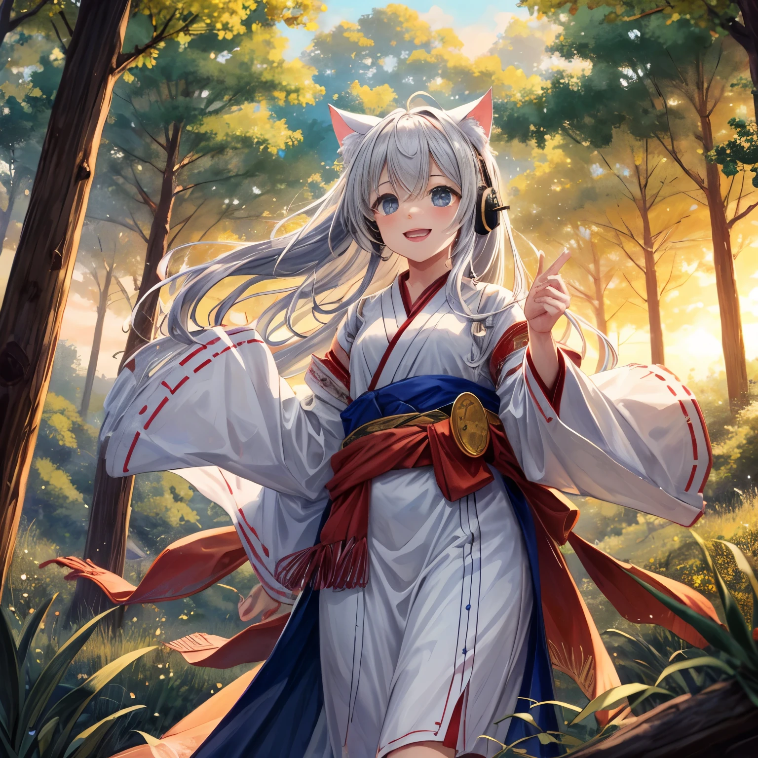 masterpiece, highest quality, movie stills, 1 girl, Cloud Girl, floating in the sky, close, bright, Happy, warm and soft lighting, sunset, (spark:0.7)、Cat ear、headphone、gray hair、17 year old girl、cute、Glamour、good style、laughter、Plump、good style、grassland、in the forest、shrine maiden、fortune teller、mature、earthquake、tsunami、meteorite、comet、various poses、