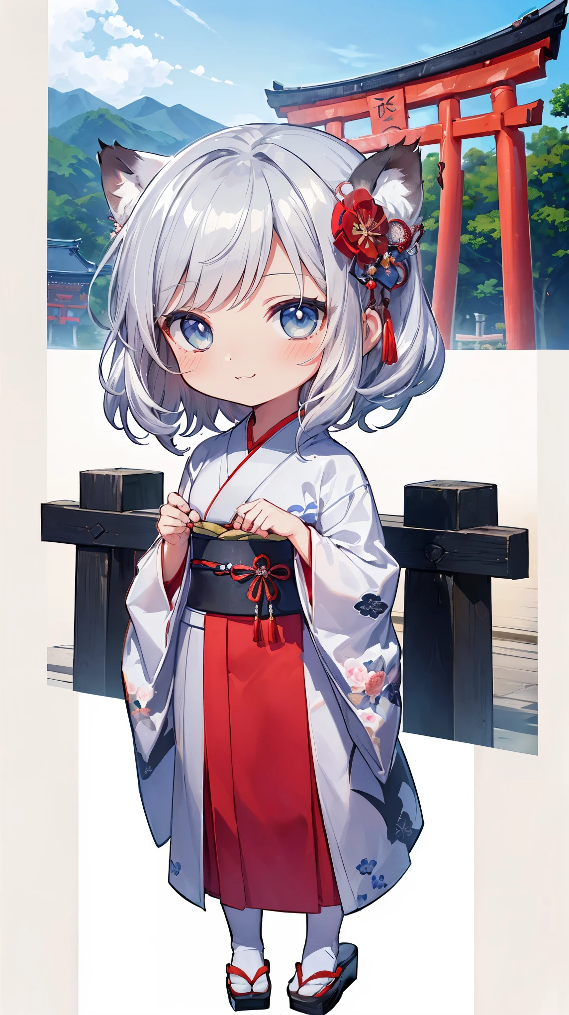 (((Masterpiece))), (((Highest quality))), ((Ultra-detailed)), ((Super fine illustration)), ((Ultra-fine painting)), (16K highest quality wallpaper:1.4), (Chibi:2.0), (Full body:1.6), HDR, (Highly detailed and delicate illustration style:1.8), Detailed skin texture, Detailed cloth texture, Extreme detailed description, (T-masterpiece), (Highly detailed face:1.2), (Highly detailed silver fox ears:1.2), (Highly detailed shiny silver half updo:1.2), (Highly detailed clear eyes:1.2), Original, RAW photo, Professional, Intricate details, Super details, Direct light:1.6, (Perfect anatomy:1.4), (Highly detailed hands:1.2), (Highly detailed fingers:1.2), (Highly detailed fingertips:1.2), (-yeld), R, (Solo:1.8), ((A very beautiful and cute silver fox girl who is an idol and wears a bright red long-sleeved kimono with a floral pattern:1.4)) BRAKE (Beautiful and adorable silver fox ears:1.8), (Highly detailed and delicate silver fox ears:1.4), (Beautiful and shiny silver half updo:1.6), (Highly detailed and delicate silver half updo:1.2), (Beautiful clear blue eyes that shine with great detail:1.6), (Highly detailed and delicate blue eyes:1.2), (Highly detailed face:1.4), (Smile:1.3), (Blush:1.4), (Looking at viewer:1.4), (Celebration:1.4) BRAKE (Bright red long-sleeved kimono with floral pattern:1.4), (Japanese traditional costume:1.2) BRAKE (Concept art:1.2), (Detailed fantasy art:1.2) BRAKE (Just after noon:1.4), (Very detailed and beautiful Ise Grand Shrine in Mie Prefecture just after noon in the background:1.6), (Standing in front of the torii gate:1.4), (Celebration:1.4), Ise Grand Shrine:1.4, Torii gate of Ise Shrine:1.4, Very beautiful in the sunny sky background just after noon:1.4 BRAKE
