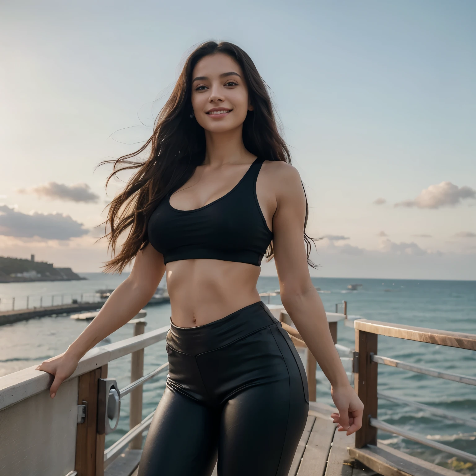 One woman of about 20 years old, black long hair, body measurement 36-25-36, height 5'7", big breasts, Hazel eyes, wearing tight pant and crop top, standing near sea shore on bridge, wind is blowing her hair, showing her beautiful charm, smiling , Full Body full height Shooting, Masterpiece, cinematic photo, mobile Photography, daylight, 8k, Top Quality, Photorealistic, Ultra Detailed, (high skin detail:1.2), sharp focus, candid capture