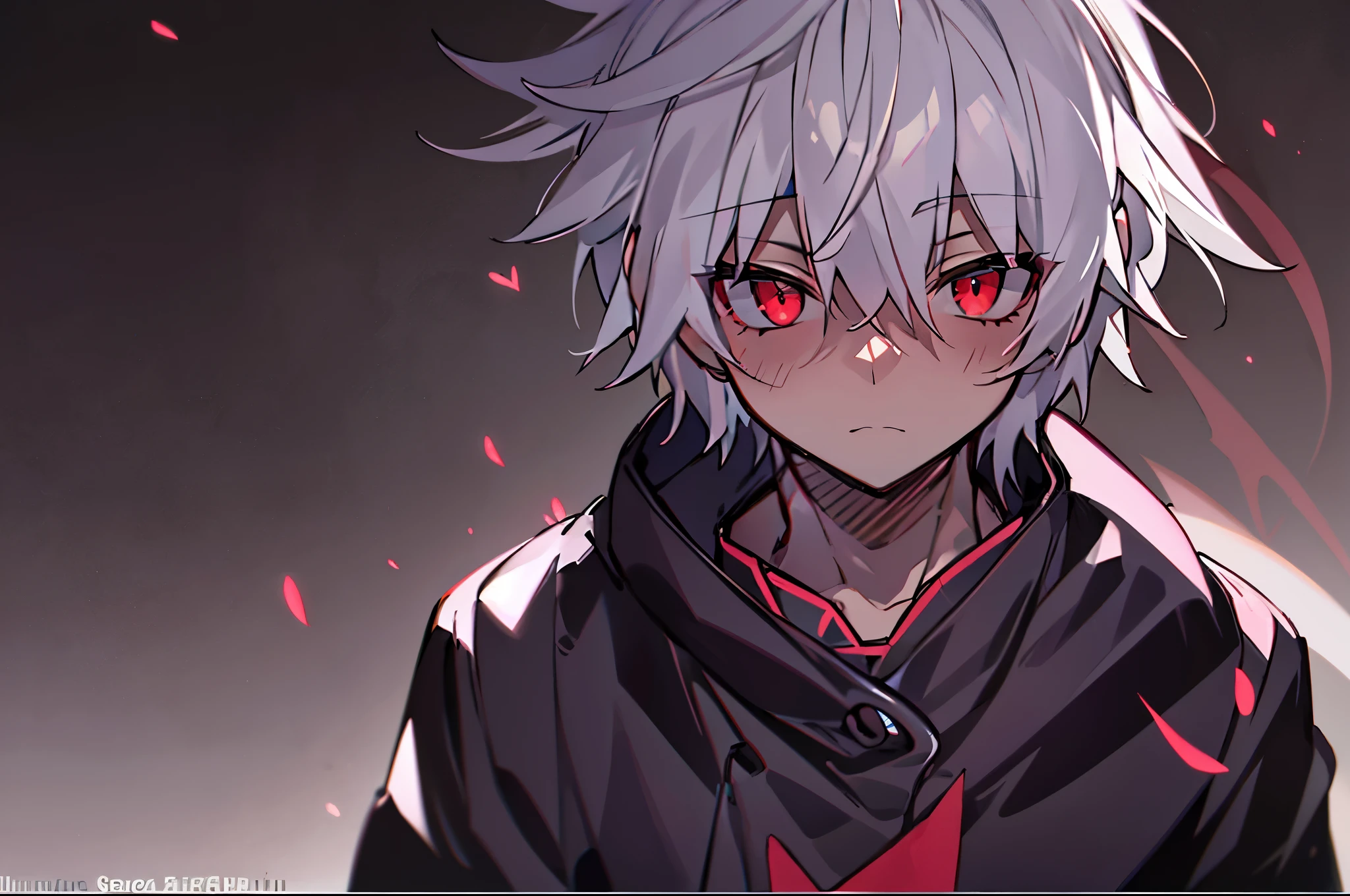 hight resolution,Anime boy with white hair and red eyes staring at camera, red eyes,slim, dressed in a black outfit,Shadow Body,Brown skin,monochromes,hair messy,Diagonal angle