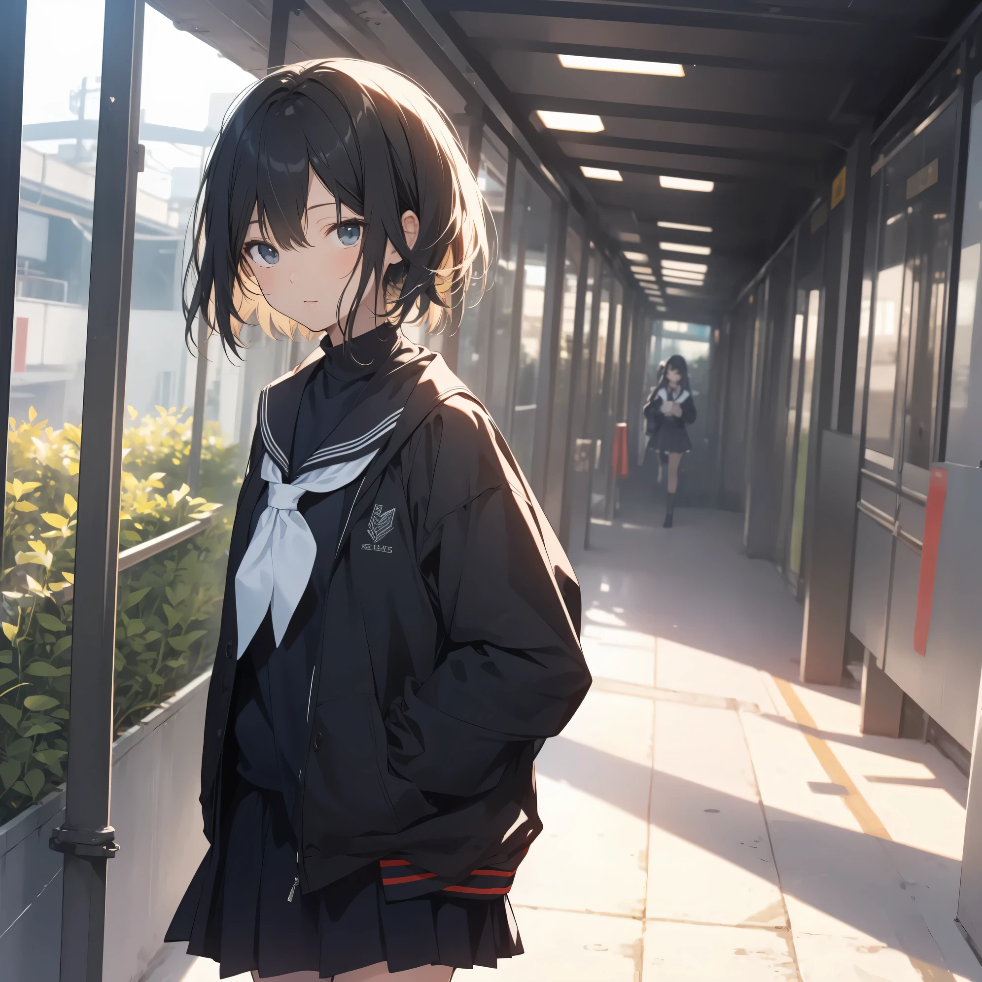 Ultra-highest quality by the art god, super detailed, High resolution,  anime moe art style, Best Anime 8K Kona-chan Wallpaper, pixiv contest winner, perfect anatomy, break,(眠そうにalone学校へ行く女の子を描いてください. )dutch angle, break, 1 girl,(alone,little woman,13 years old:1.3),All limbs, full finger,, The charm of an immature body, (very short hair), bangs, flat chest, Small Bodysuits, small ass, between legs, upward facing eyes, small eyes, black eye, detailed and beautiful eyes, Well-proportioned iris and pupils, expressive eyes, lips with beautiful details, High resolutionの詳細な髪, skirt, pleated skirt, neckerchief, sailor collar, school uniform, serahuku, shirt, (detailed lighting), (detailed background),  On the way to school. break,super dense skin, Best lighting by famous artists, 8k, cute illustration,Hmm, rough skin,Absurd Hi-Res