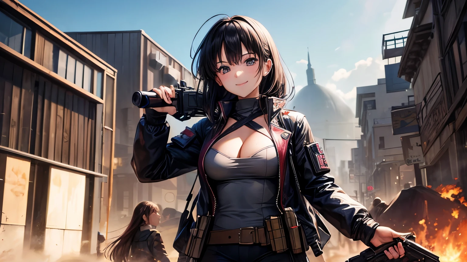 ((top quality)),(超A high resolution),(super detailed),(detailed description),((best anime)),(best work of art),super precision art,amazing art of depiction,Overwhelming descriptive power:1.5, top quality action movies:1.5, gun action:1.5, (Multiple adult women:1.5),body covered in mud and dust:1.6,income,1 girl、cleavage、smile、beautiful eyes