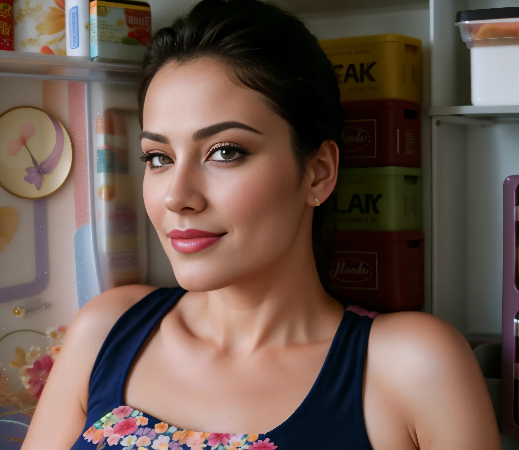 There is a woman sitting in front of a refrigerator, photographic portrait. Mulher com pele branca e cabelos escuros. ela tem cerca de 50 anos. Her pink lips are like a delicate flower, seus olhos castanhos escuros, grande e charmoso, parecem conter um mundo de maravilhas. Corpo fino. cintura fina. Your body exudes glamor and your face is the definition of beauty. altamente realista, lindo, pink lips, pink lipstick, sorridente, feeling of lightness and joy, hiperrealismo, pele muito elaborada, olhar direto. foto de corpo inteiro, foto clara, alta qualidade, high resolution, arte, 8K.