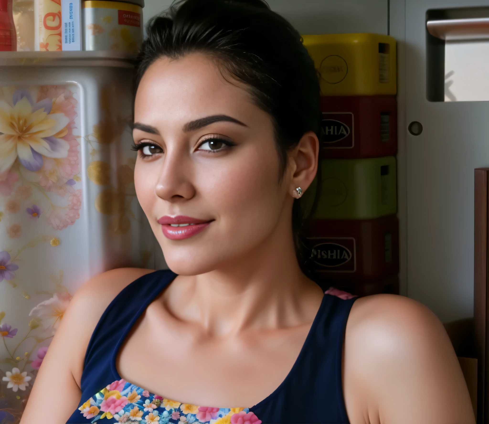 There is a woman sitting in front of a refrigerator, photographic portrait. Mulher com pele branca e cabelos escuros. ela tem cerca de 50 anos. Her pink lips are like a delicate flower, seus olhos castanhos escuros, grande e charmoso, parecem conter um mundo de maravilhas. Corpo fino. cintura fina. Your body exudes glamor and your face is the definition of beauty. altamente realista, lindo, pink lips, pink lipstick, sorridente, feeling of lightness and joy, hiperrealismo, pele muito elaborada, olhar direto. foto de corpo inteiro, foto clara, alta qualidade, high resolution, arte, 8K.