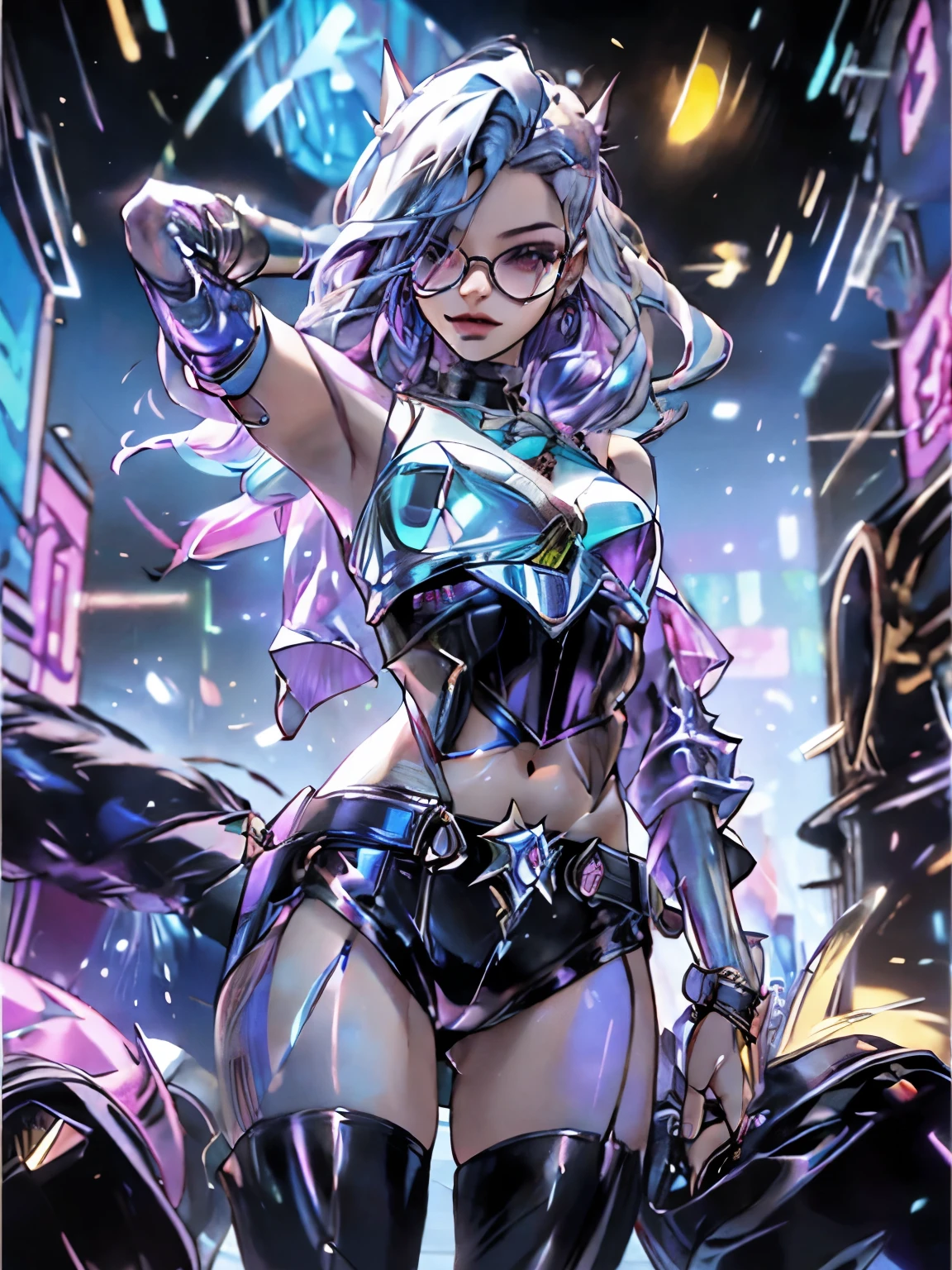 in cyberpunk city, cyberpunk photo, cyberpunk 2 0 y. o model girl, in a futuristic cyberpunk city, female, in a cyberpunk city, cyberpunk beautiful girl, in cyberpunk style, cyberpunk girl, futuristic cyberpunk tokyo night, at cyberpunk city, (tmasterpiece、4k resolution、ultra-realistic realism、The is very detailed), "Full and juicy lips, mesmerizing wide eyes, a defined jawline, and high cheekbones. A perfectly symmetrical face with distinct features.", wearing glasses, Japaneses.