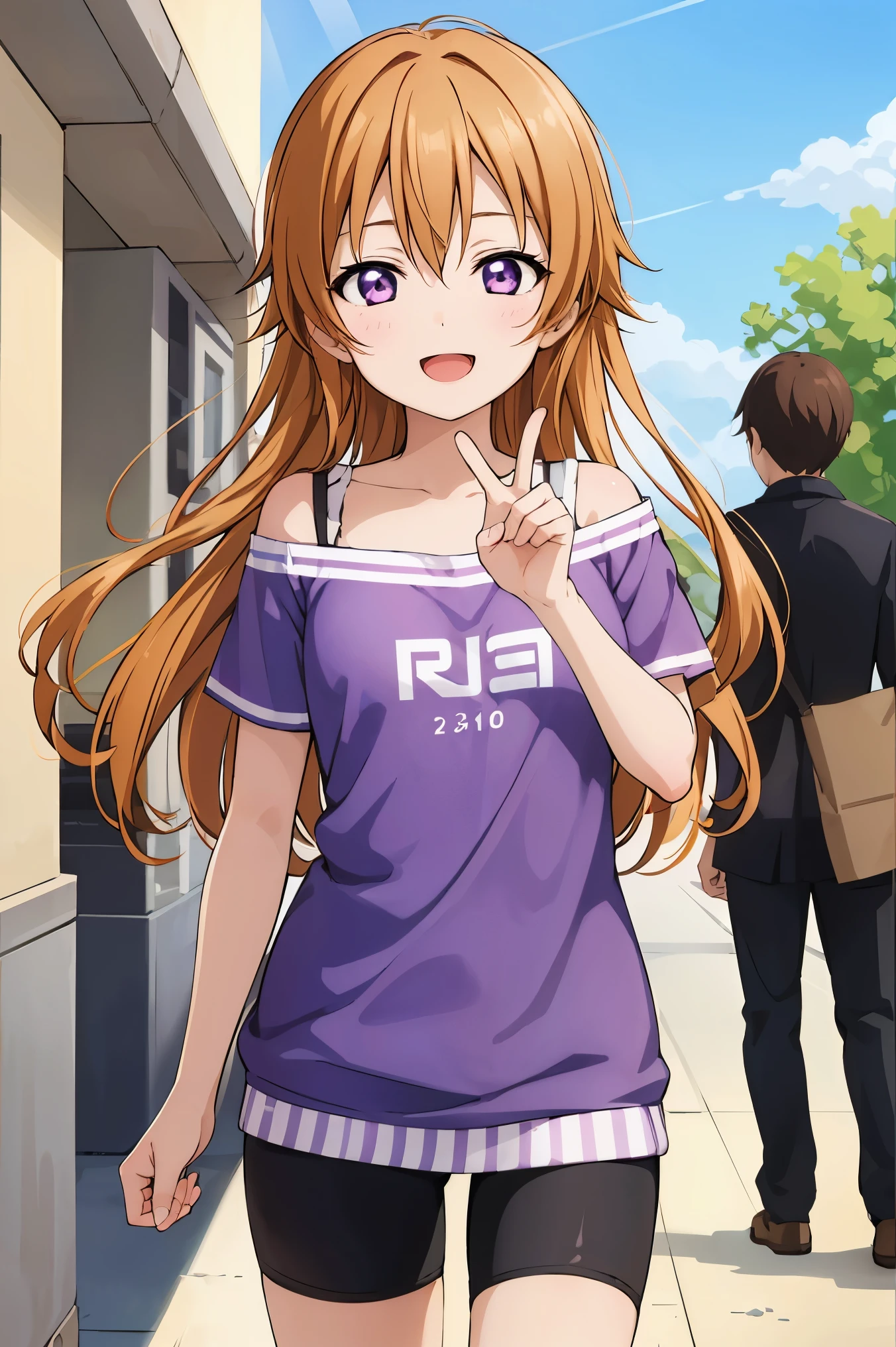 (best quality, masterpiece:1.2), (1girl, solo:1.2), cute, smile,  detailed background, (looking at viewer, solo focus:1.2), light on face, sky, blue sky, cowboy shot, sunlight, lens flare, depth of field, scenery, open mouth,
Kanata konoe, long hair, purple eyes, blonde hair, straight hair, off shoulder, shirt, purple shirt, short sleeves, bike shorts, standing, two peace,solo focus,