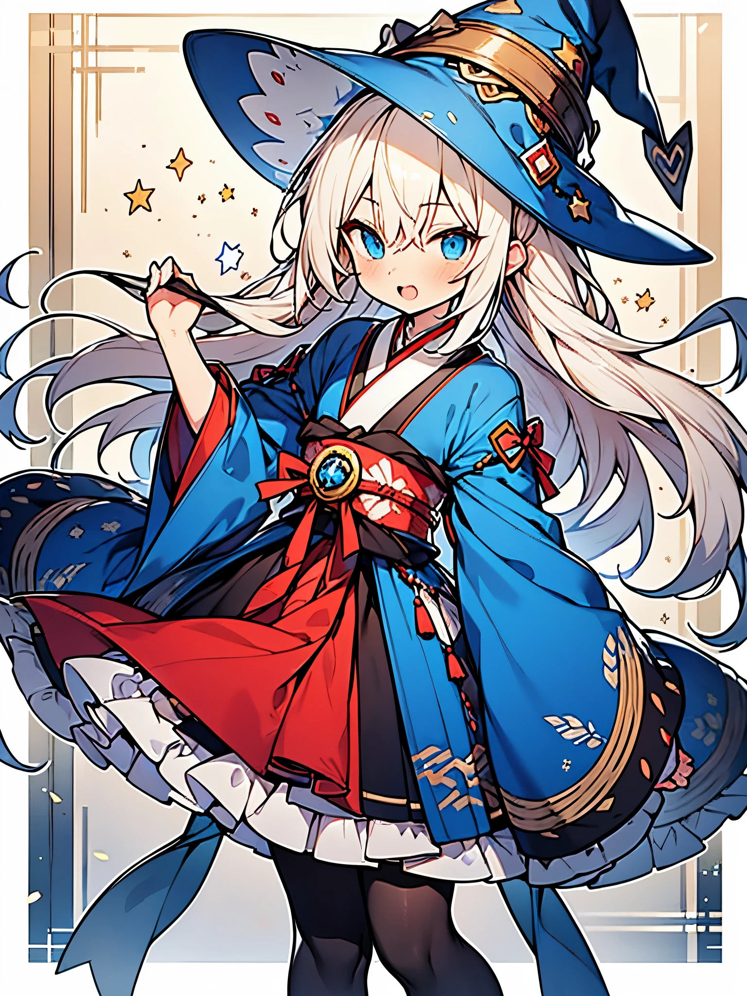 1boy,solo,Beautiful boy cross-dressing,cute face,
boy dressed as cute girl,boy cuter than girl,
silver long hair,blue eyes,blue ribbon,witch-boy,
frilly hat,pattern print tights,
gothic lolita kimono,witch kimono dress,
Japanese sleeves,luxurious obi,Emblem of the Great Whore of Babylon,