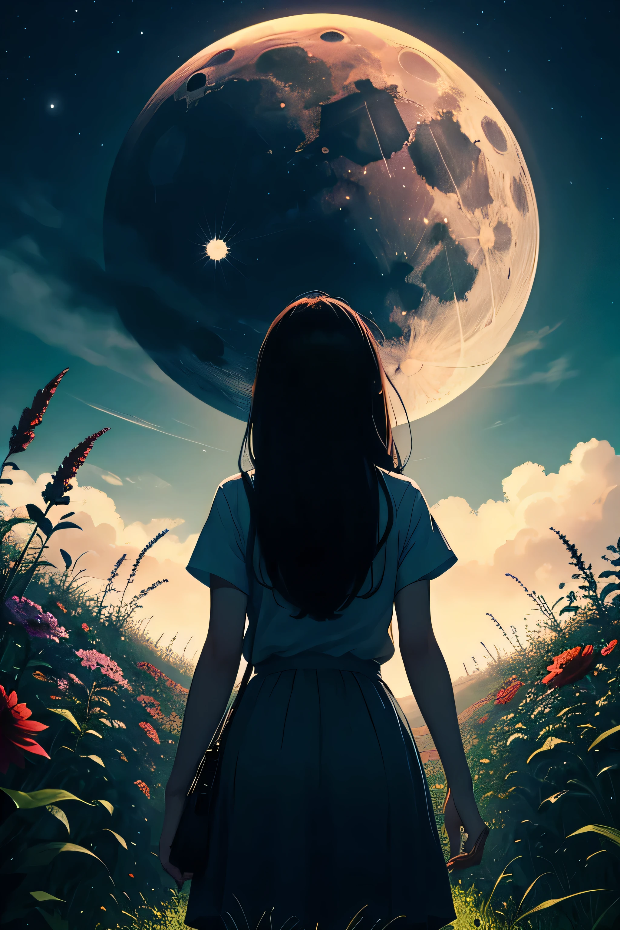 grassland beautiful flower々Staring at the moon surrounded by A girl from behind trying to catch the moon