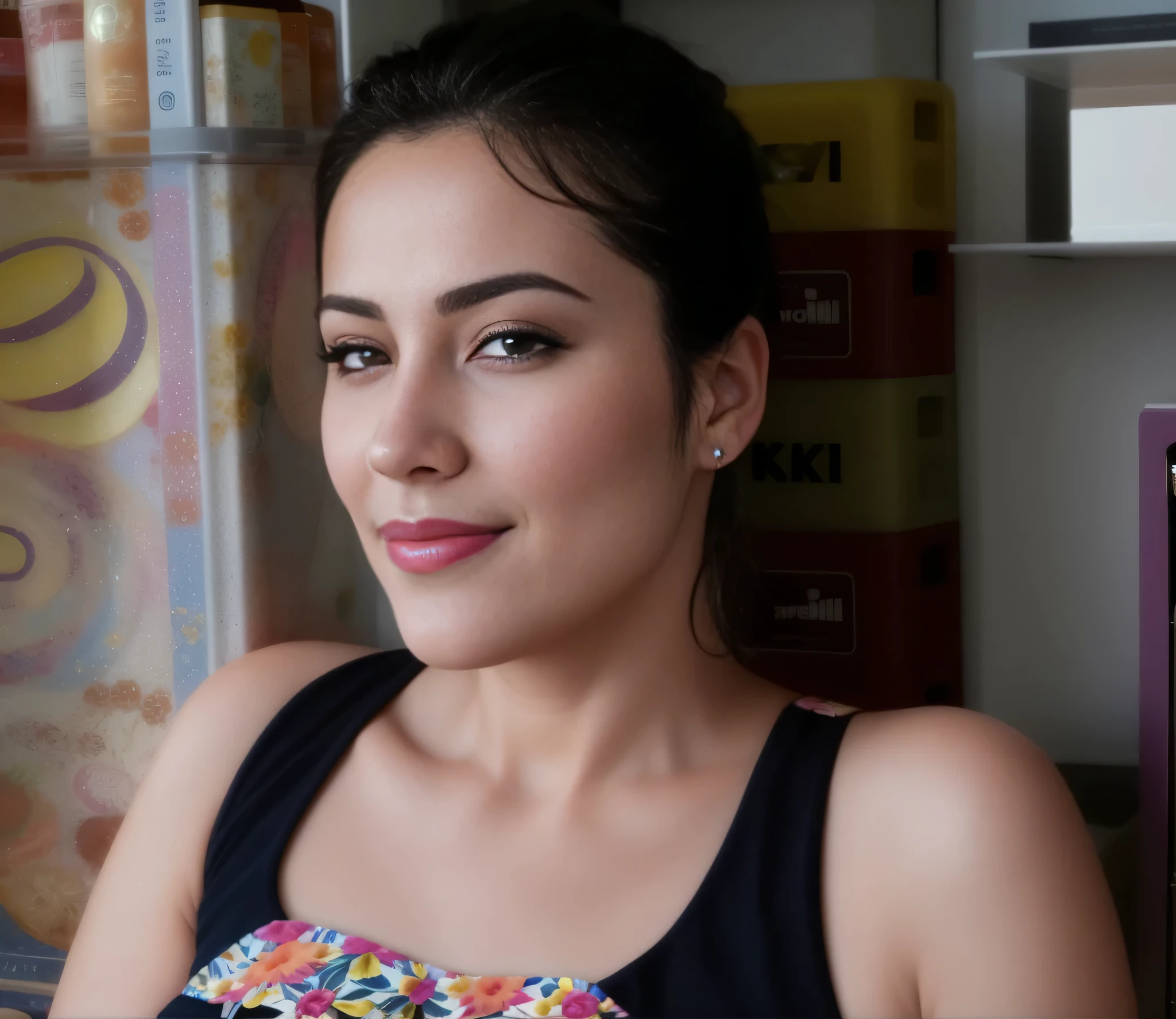 There is a woman sitting in front of a refrigerator, photographic portrait. Mulher com pele branca e cabelos escuros. ela tem cerca de 50 anos. Her pink lips are like a delicate flower, seus olhos castanhos escuros, grande e charmoso, parecem conter um mundo de maravilhas. Corpo fino. cintura fina. Your body exudes glamor and your face is the definition of beauty. altamente realista, lindo, pink lips, pink lipstick, sorridente, feeling of lightness and joy, hiperrealismo, pele muito elaborada, olhar direto. foto de corpo inteiro, foto clara, alta qualidade, high resolution, arte, 8K.