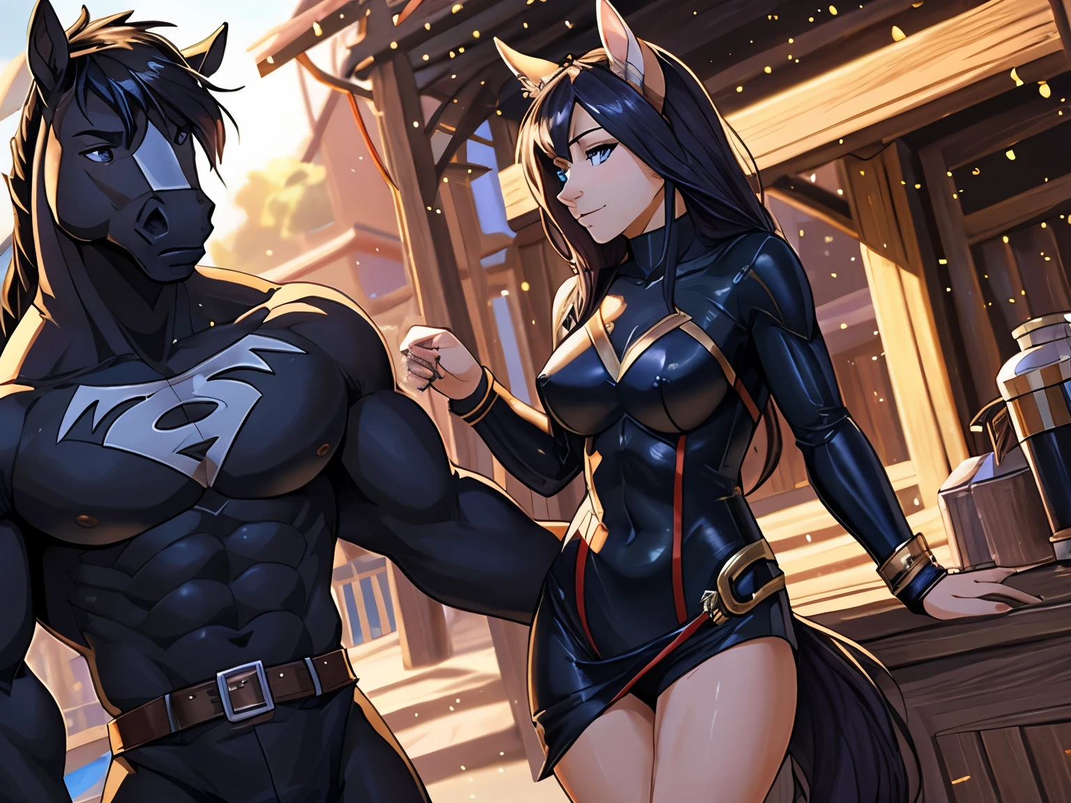 nsfw, two characters in frame, furry and human, furry male, human female, human pairing, (horse), (brown body) anthro, male, anthro equine, muscles, handsome, outside, full body picture of a male anthro equine superhero groping the thigh of a raven, superheroes, raven, DC raven, rachel roth, black catsuit, full face blush, ravenlora, grey skin, soft smile, size difference, taller male, shorter female, different species, mixed race pairing, sexy female, lustful, detailed face, depth of field, perfect lighting, (light particles),(best quality),(masterpiece),(ultra detailed),sharp focus,light particles, detailed eyes, furry,