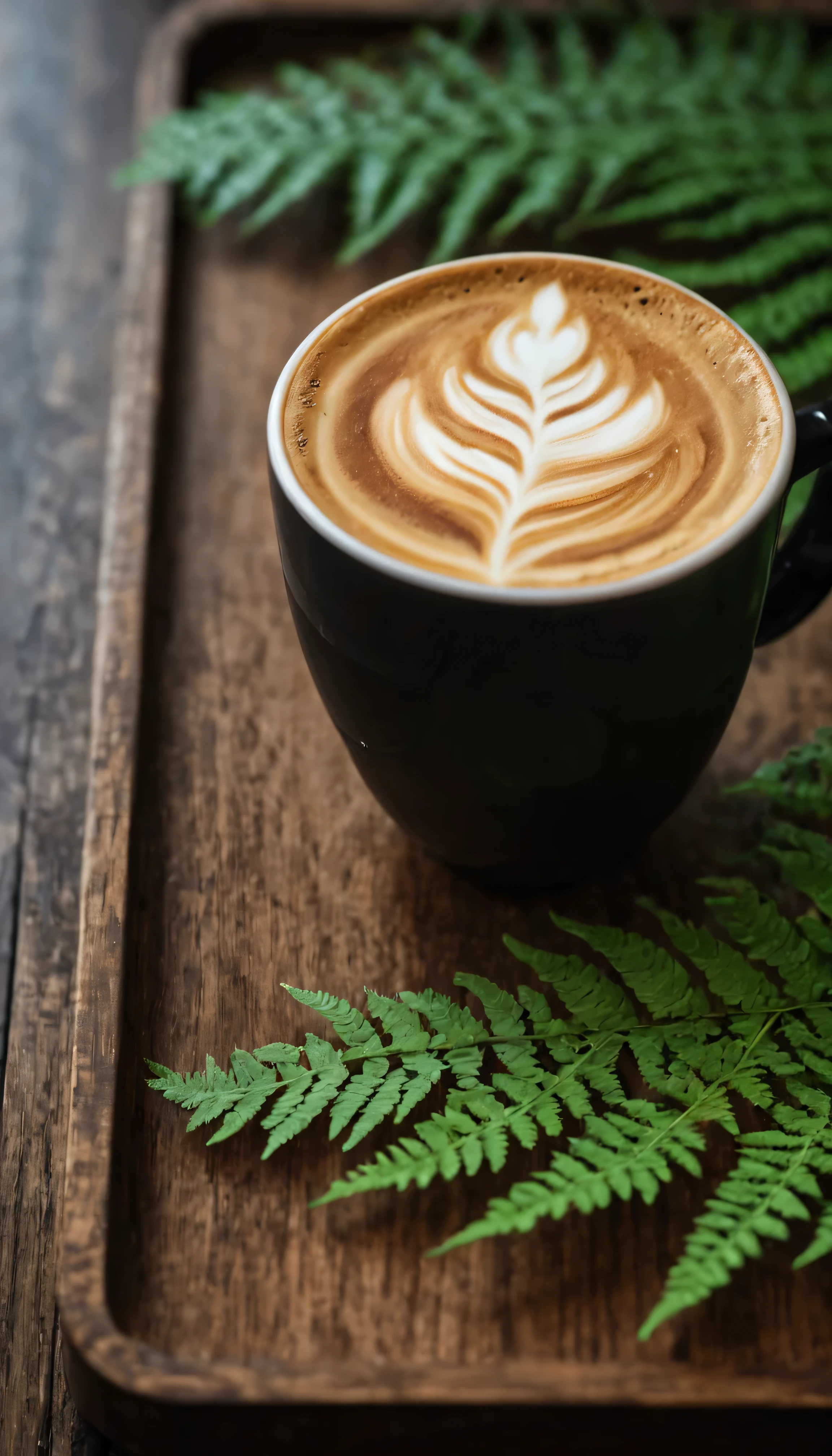 Latte coffee on wooden tray．Placed on dark rough wooden table,黑色去光的coffee cup盤． Ferns arranged neatly in a row（perpendicular）．☕ on the table, （（gradient blur．Fresh and bright light and shadow））latte art, 多Drink coffee, coffee art, Coffee Product Celebration, coffee cup, cappuccino, arabica style, morning coffee, a cup of coffee, Drink coffee, Drink coffee, enjoying coffee at a coffee shop, drinking a a cup of coffee, portrait of morning coffee