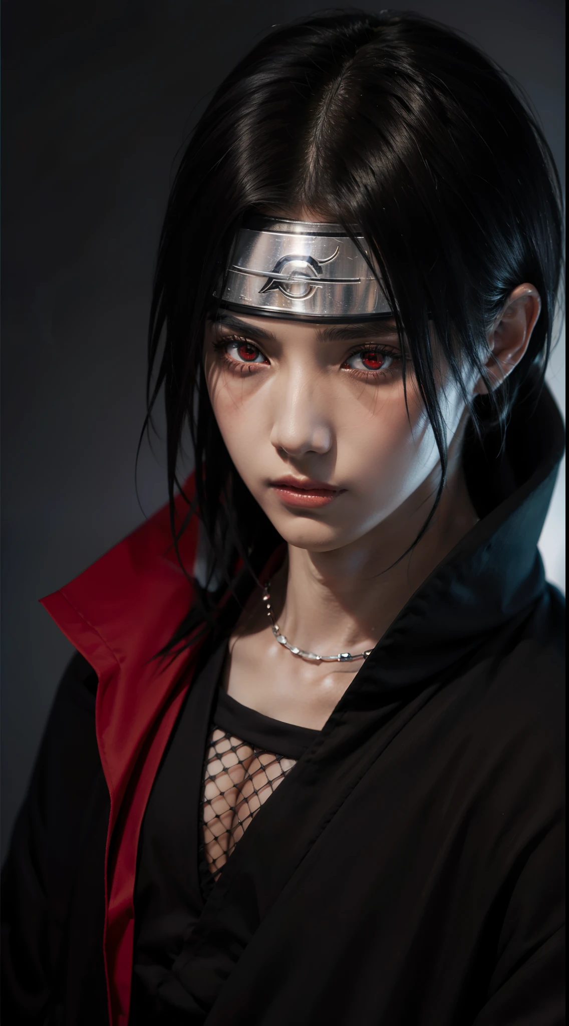 itachi uchiha from anime naruto, black hair, short hair, headband, akatsuki robe, red eyes, sharinggan eyes, looking at the viewer, standing, perfect body, piercing gaze, one man.