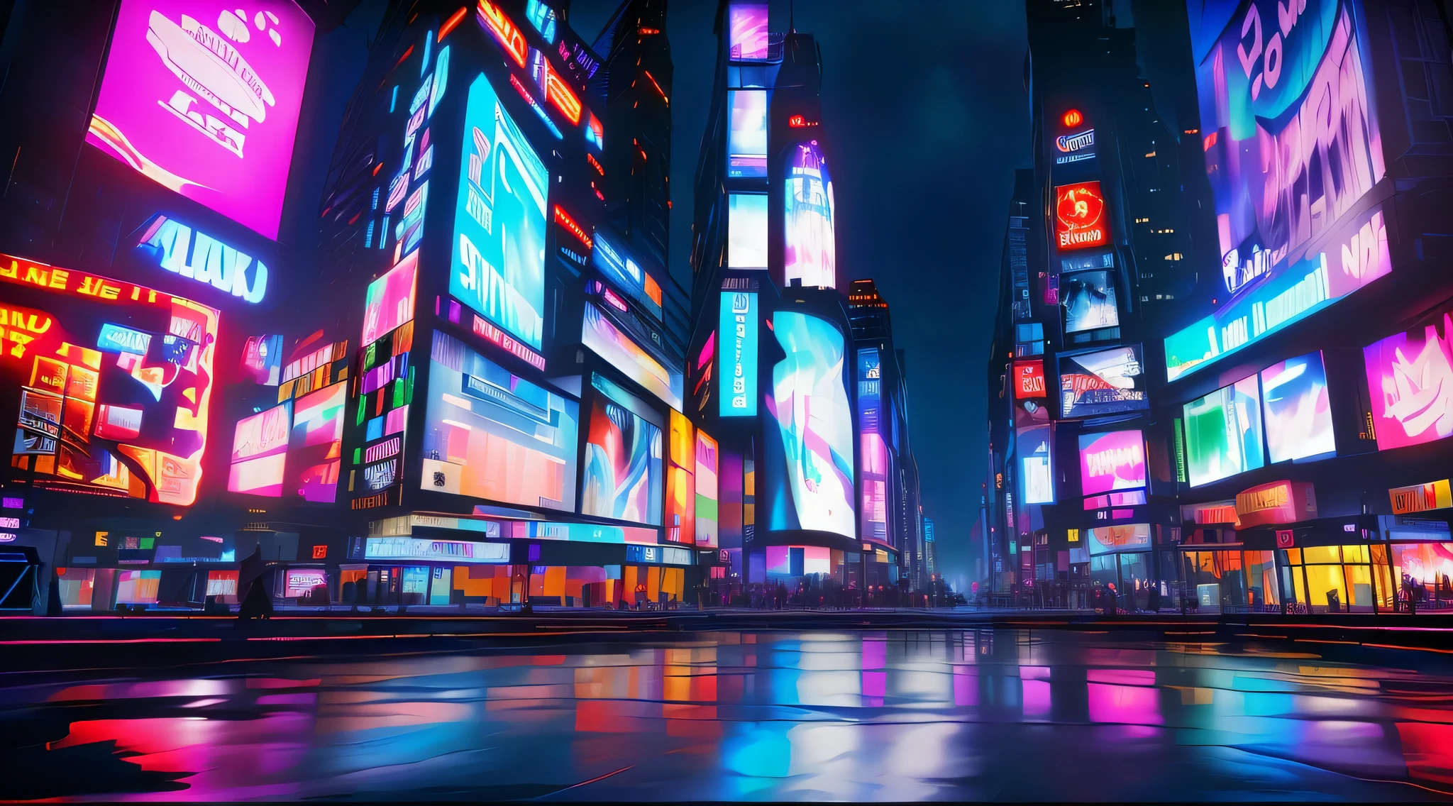 A media calle de Times Square, cyberpunk, realista, noche oscura
