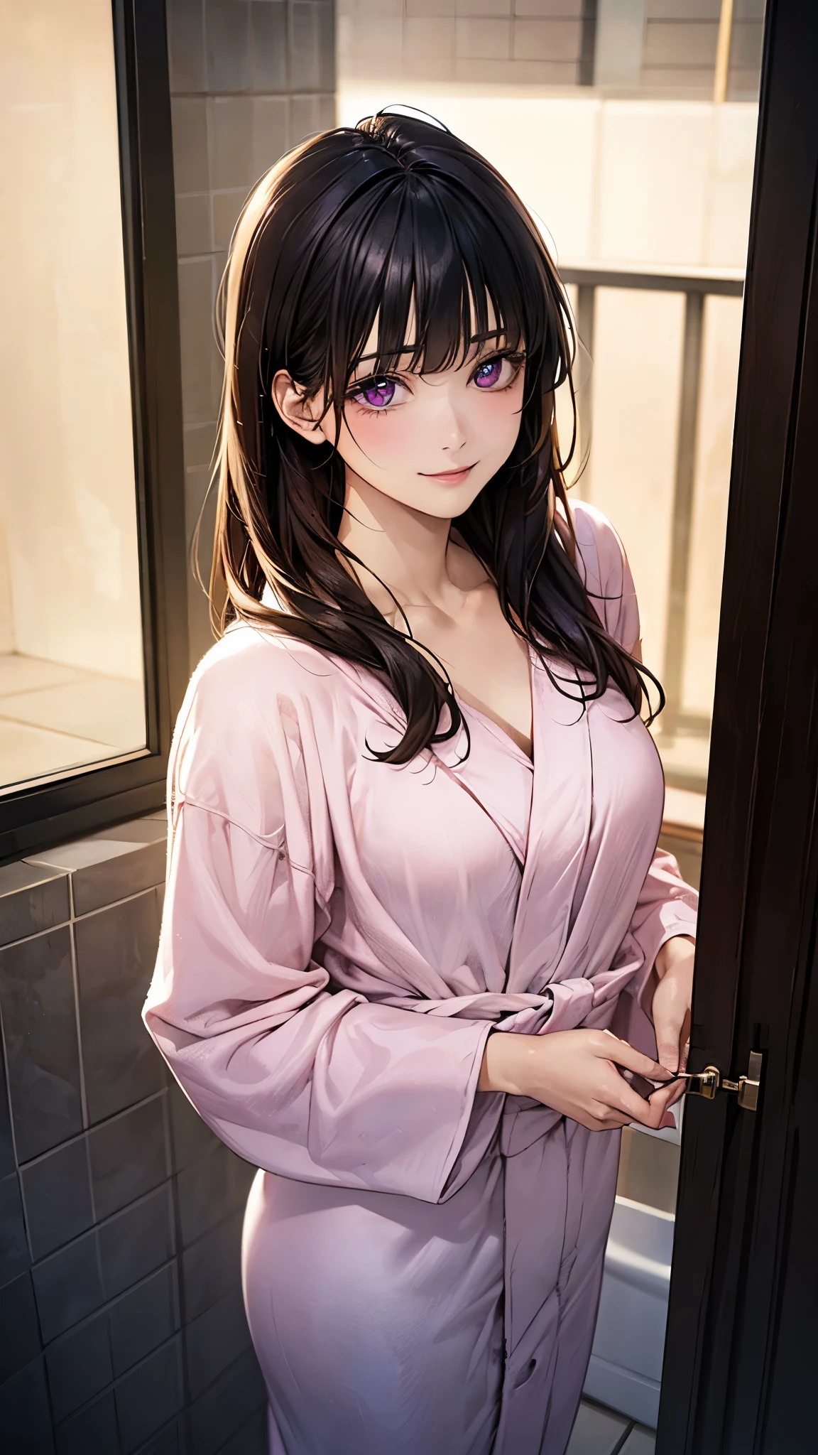 (masterpiece:1.2, top-quality), (realistic, photorealistic:1.4), beautiful illustration, (natural side lighting, movie lighting), depth of fields,
looking at viewer, 1 girl, japanese, high school girl, perfect face, cute and symmetrical face, shiny skin,
(long hair:1.7, straight hair:1.4, black hair, pink headband), blunt bangs, swept bang, purple eyes, long eye lasher, (medium breasts), slender
beautiful hair, beautiful face, beautiful detailed eyes, beautiful clavicle, beautiful body, beautiful chest, beautiful thigh, beautiful legs, beautiful fingers,
((light pink bathrobe, sexy)),
(beautiful scenery), evening, (outside bathroom), standing, (lovely smile, upper eyes),