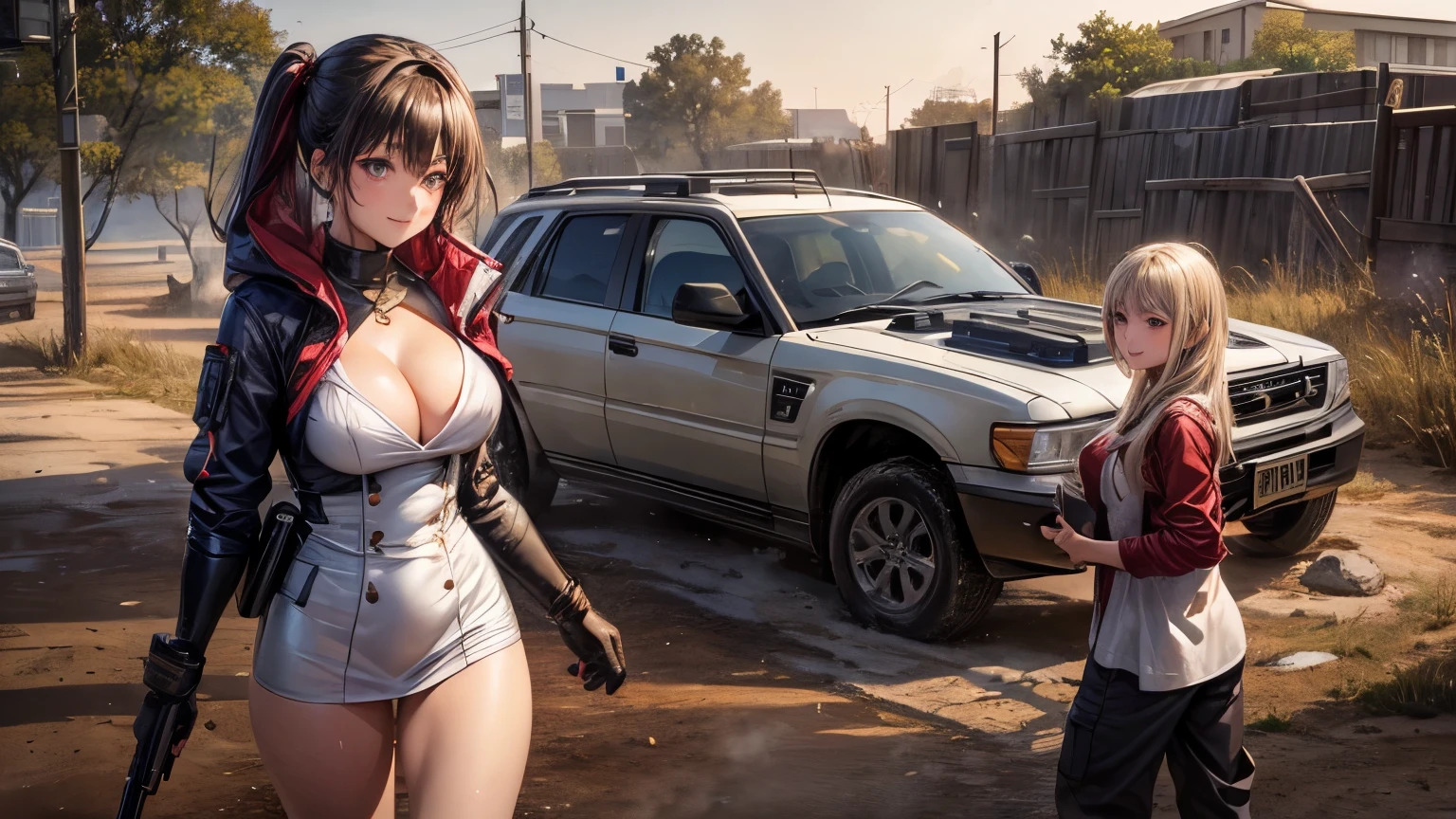 ((top quality)),(超A high resolution),(super detailed),(detailed description),((best anime)),(best work of art),super precision art,amazing art of depiction,Overwhelming descriptive power:1.5, top quality action movies:1.5, gun action:1.5, (Multiple adult women:1.5),body covered in mud and dust:1.6,income,1 girl、cleavage、smile、beautiful eyes