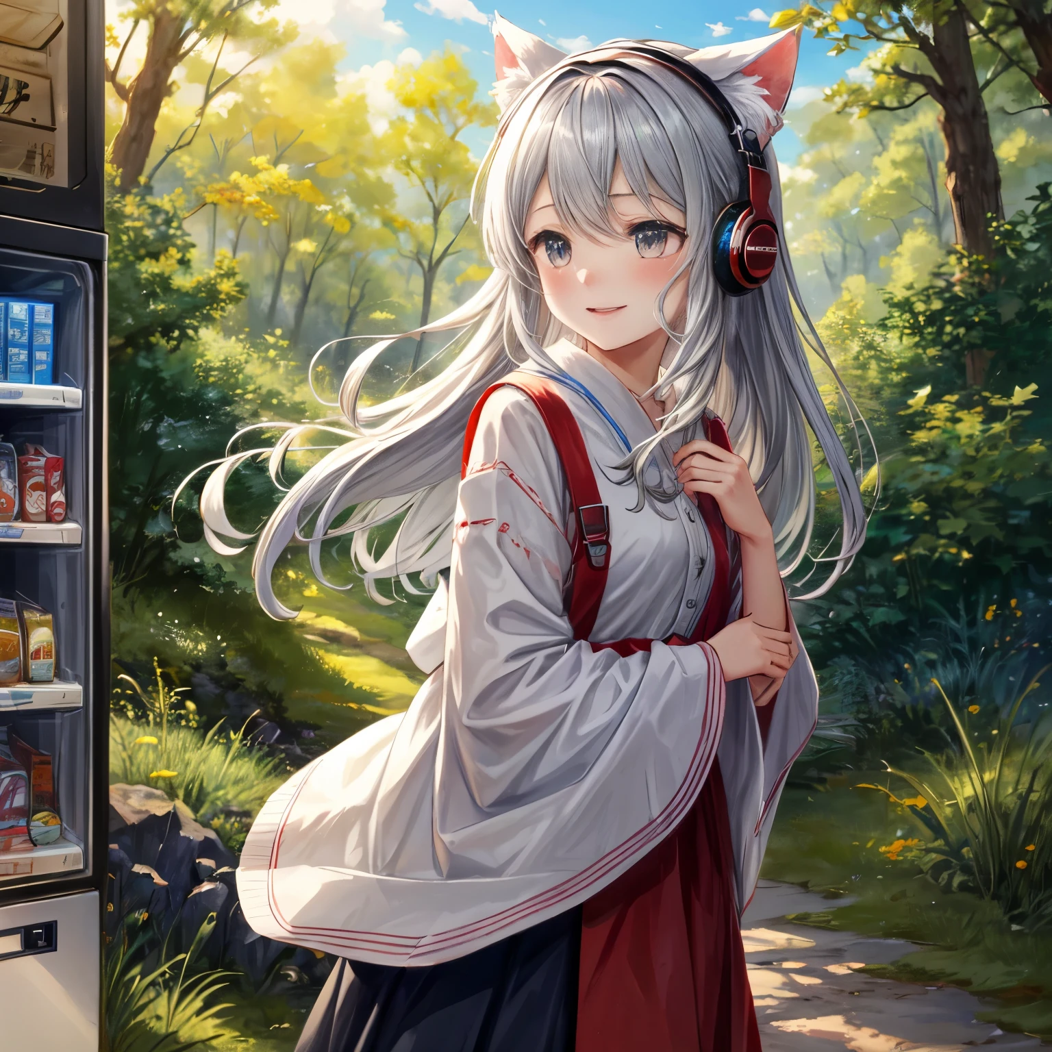 masterpiece, highest quality, movie stills, 1 girl, Cloud Girl, floating in the sky, close, bright, Happy, warm and soft lighting, sunset, (spark:0.7)、Cat ear、headphone、gray hair、17 year old girl、cute、Glamour、good style、laughter、Plump、good style、grassland、in the forest、shrine maiden、fortune teller、mature、towards the vending machine、putting coins in、
