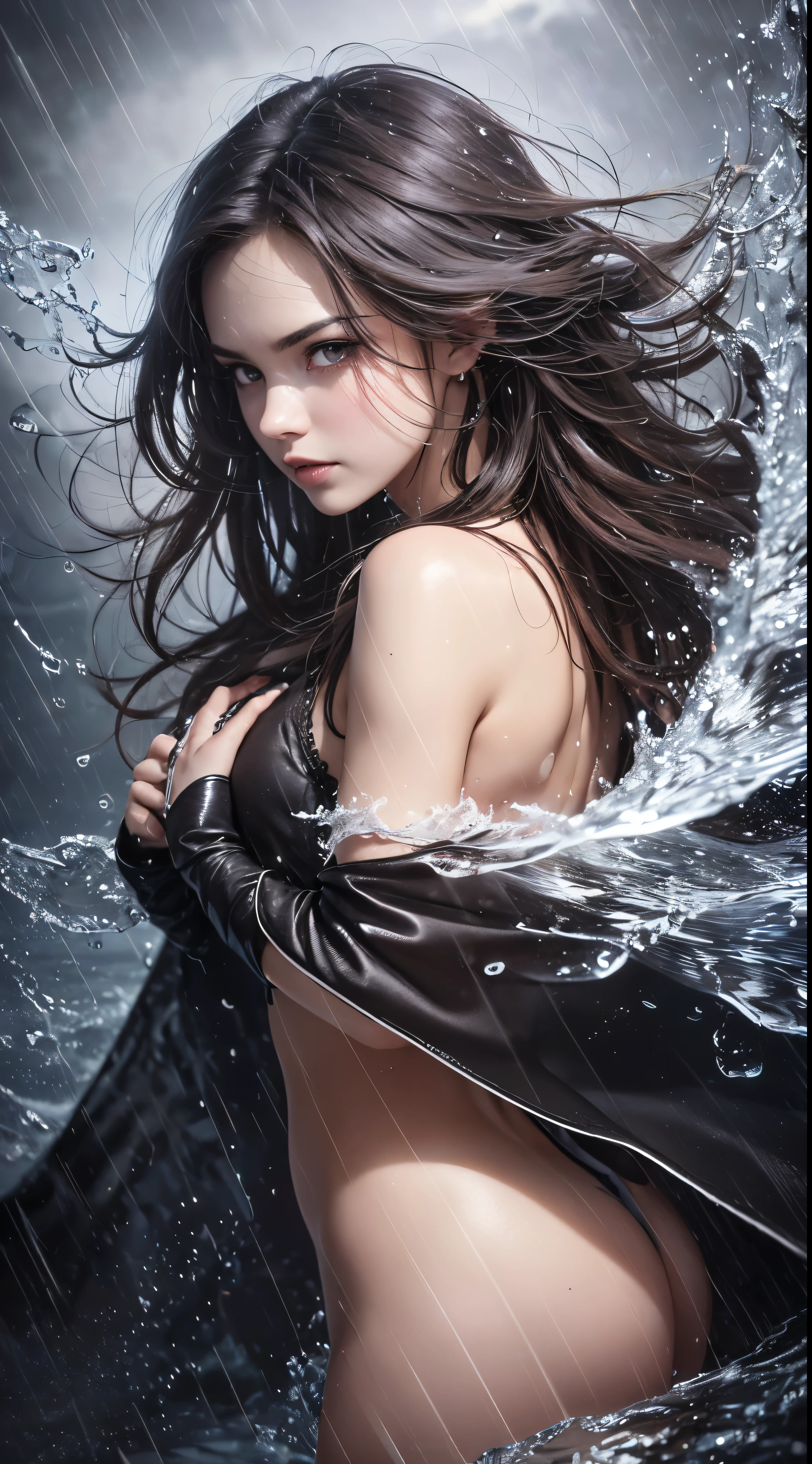 (skin dents:1.5), realistic, realistic, (table top:1.5), concept art, intricate details, very detailed, realistic, octane rendering, 8k, unreal engine, dynamic pose, highest quality, High resolution, (realistic face:1.1), (超realistic:1.1), ((full_body)), perfect eyes,(shiny skin:1.2), (((hairstyle))), (((完璧な手のvery detailed背景), haunted island, ((dynamic background)), ((lightning)), (light), (1 girl), wearing a cloak, (((flowing cloak))), ((fine eyes, high quality eyes, high quality face)), long hair, (((flowing hairstyle))), 1 girl ((controlling water)), (((whirlwind of water))), Ocean, tsunami, magic, (make a dramatic performance, written boundary depth, Bokeh, 4k, gothic, ((rain)), energy ball between hands