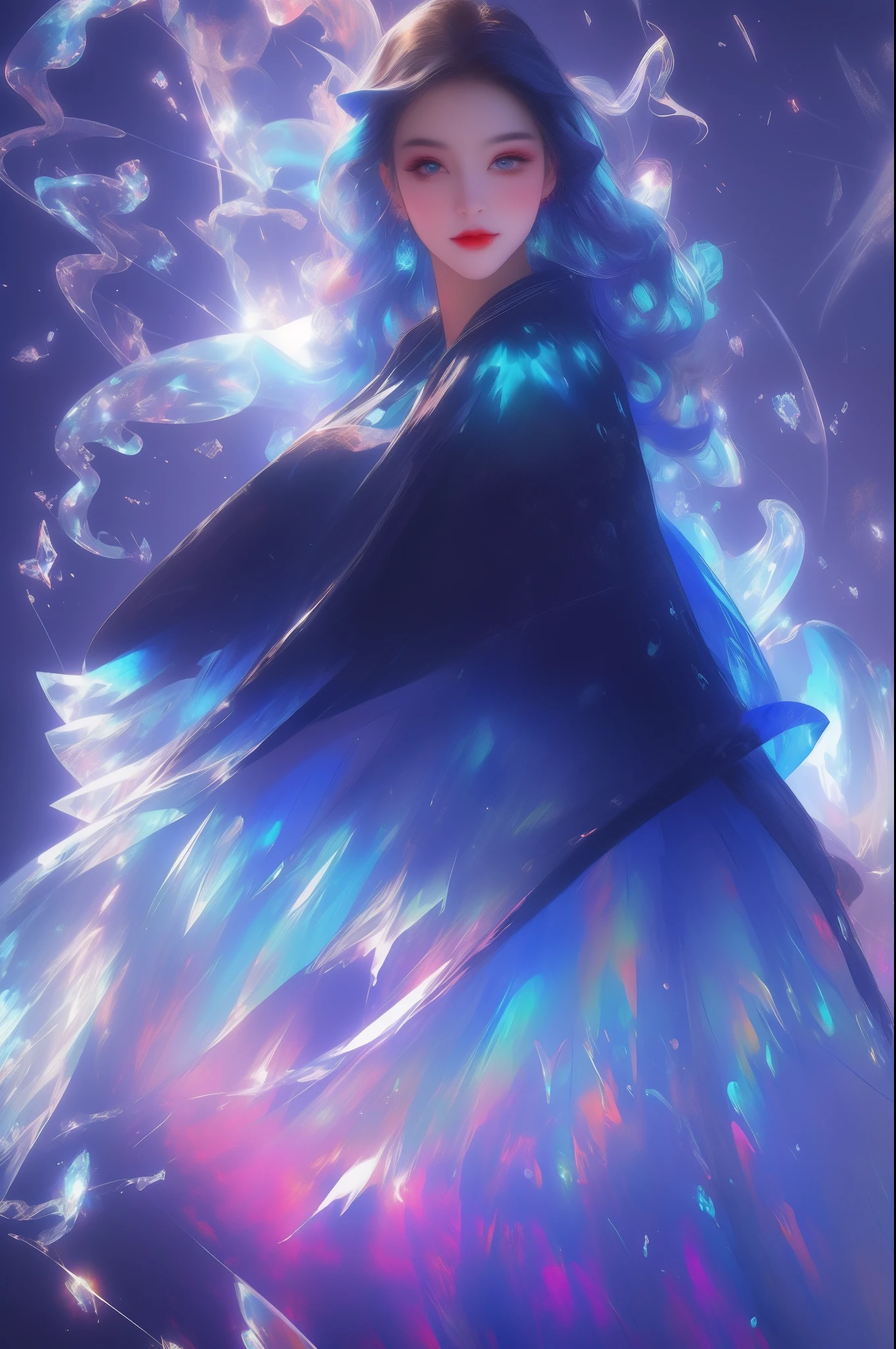 A color painting of a beautiful young woman., mysterious waves at night. 3d. rainbow colors. The melting beauty of the universe. Surrealism in Nebula Reflections. glass texture,Translucent,crystal