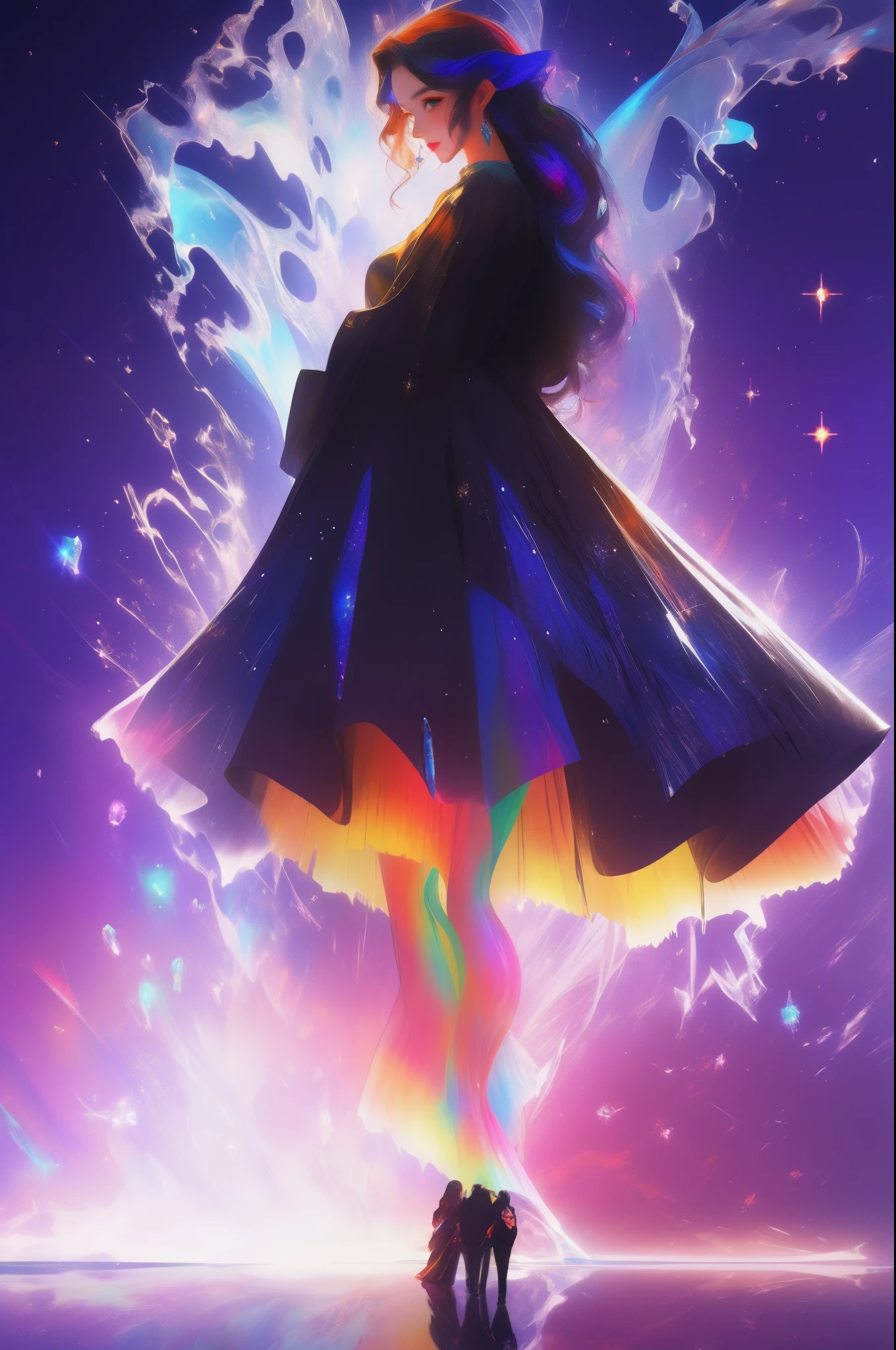 A color painting of a beautiful young woman., mysterious waves at night. 3d. rainbow colors. The melting beauty of the universe. Surrealism in Nebula Reflections. glass texture,Translucent,crystal