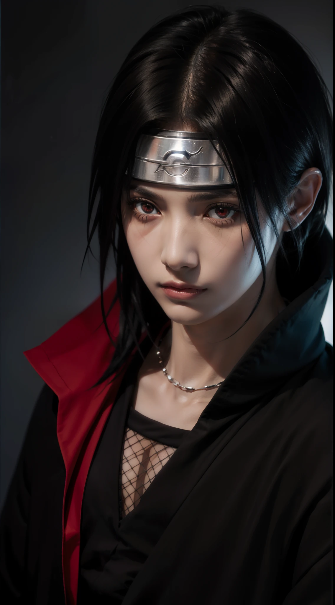 itachi uchiha from anime naruto, black hair, short hair, headband, akatsuki robe, red eyes, sharinggan eyes, looking at the viewer, standing, perfect body, piercing gaze, one man.