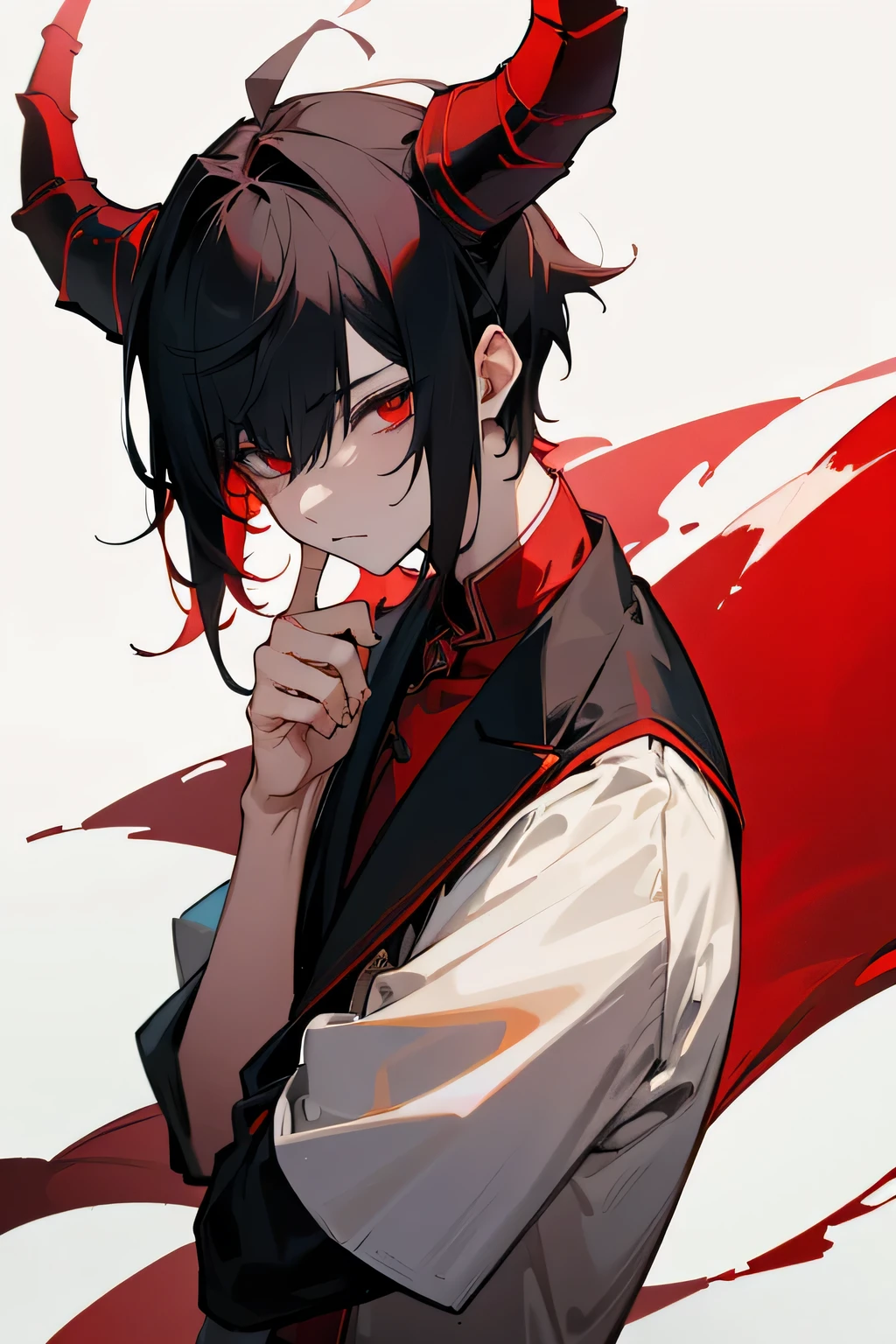 1 chico, corto_oscuro_cabello, Rojo_eyes, dos_cuernos