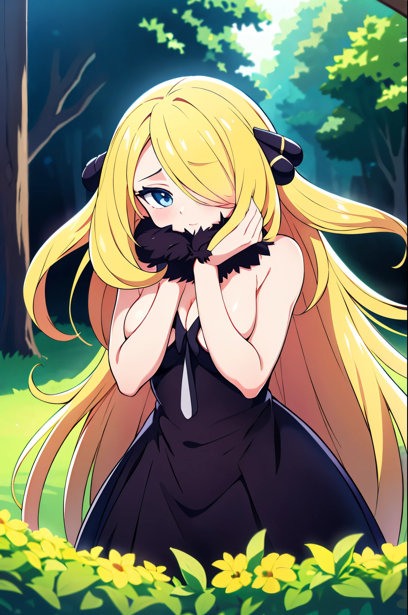 (best quality:1.2, ultra-detailed:1.2), naked Cynthia, blonde tousled hair, seductive gaze, hair sensually covering one eye, delicate hair accessory, confident pose, vibrant colors, Pokémon-inspired surreal garden, magical atmosphere, ethereal lighting, soft focus, dreamlike background scenery