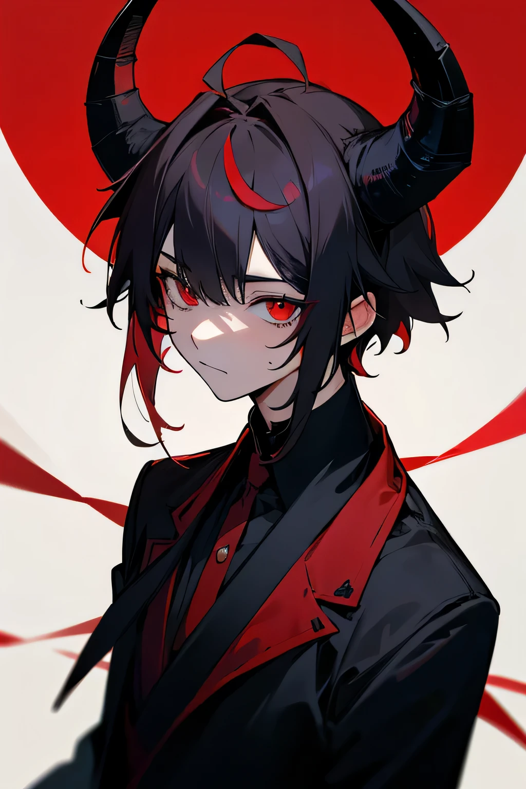 1 chico, corto_oscuro_cabello, Rojo_eyes, dos_cuernos