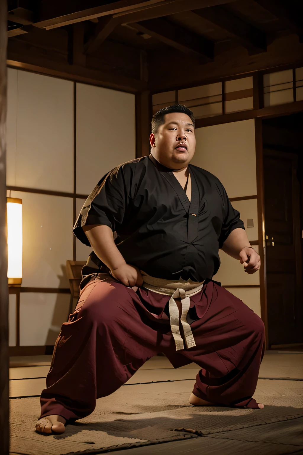 fat obese male suspect japanese ninja in epic kung fu robe