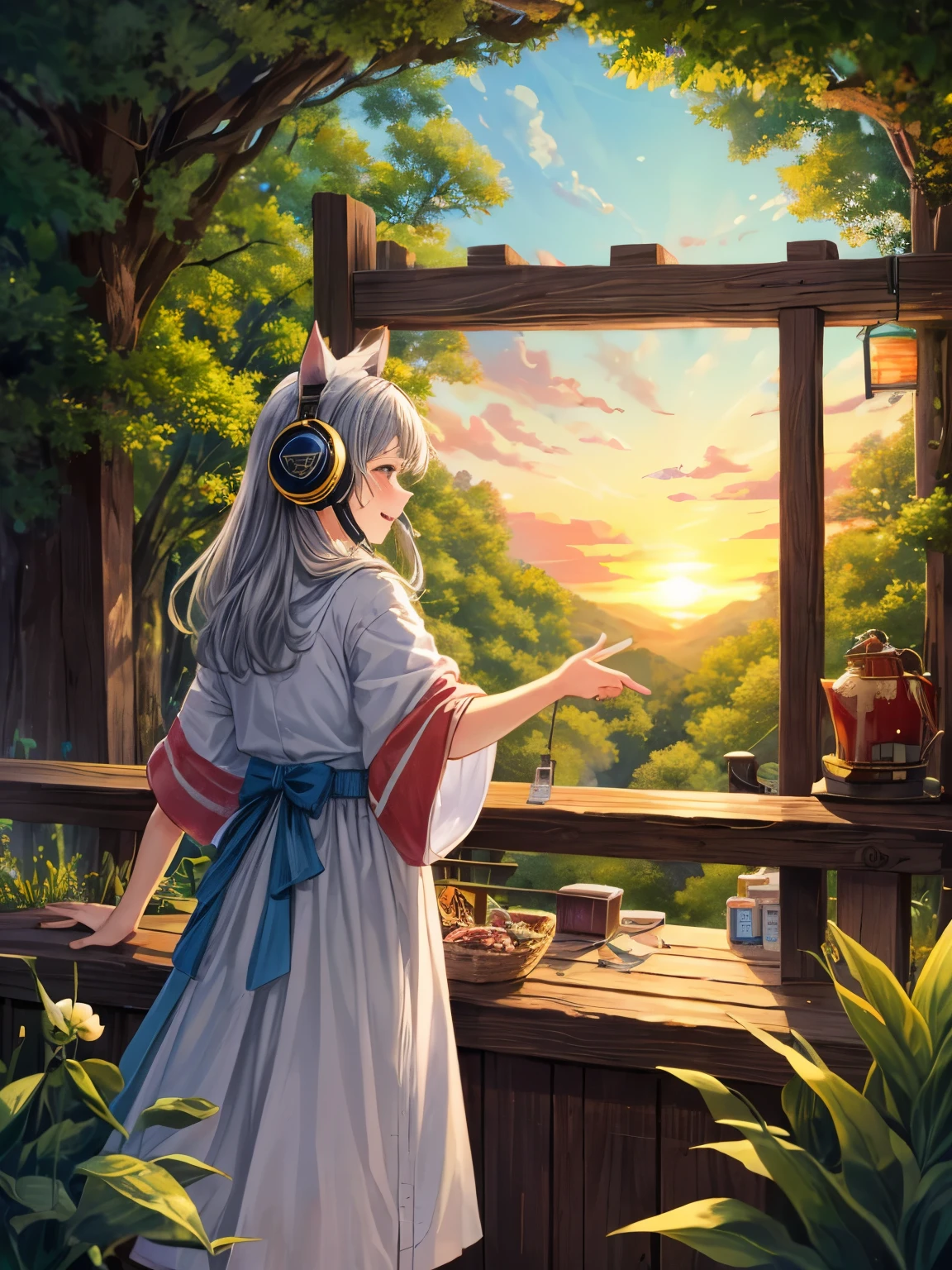 masterpiece, highest quality, movie stills, 1 girl, Cloud Girl, floating in the sky, close, bright, Happy, warm and soft lighting, sunset, (spark:0.7)、Cat ear、headphone、gray hair、17 year old girl、cute、Glamour、good style、laughter、Plump、good style、grassland、in the forest、shrine maiden、fortune teller、mature、towards the vending machine、putting coins in、back view、