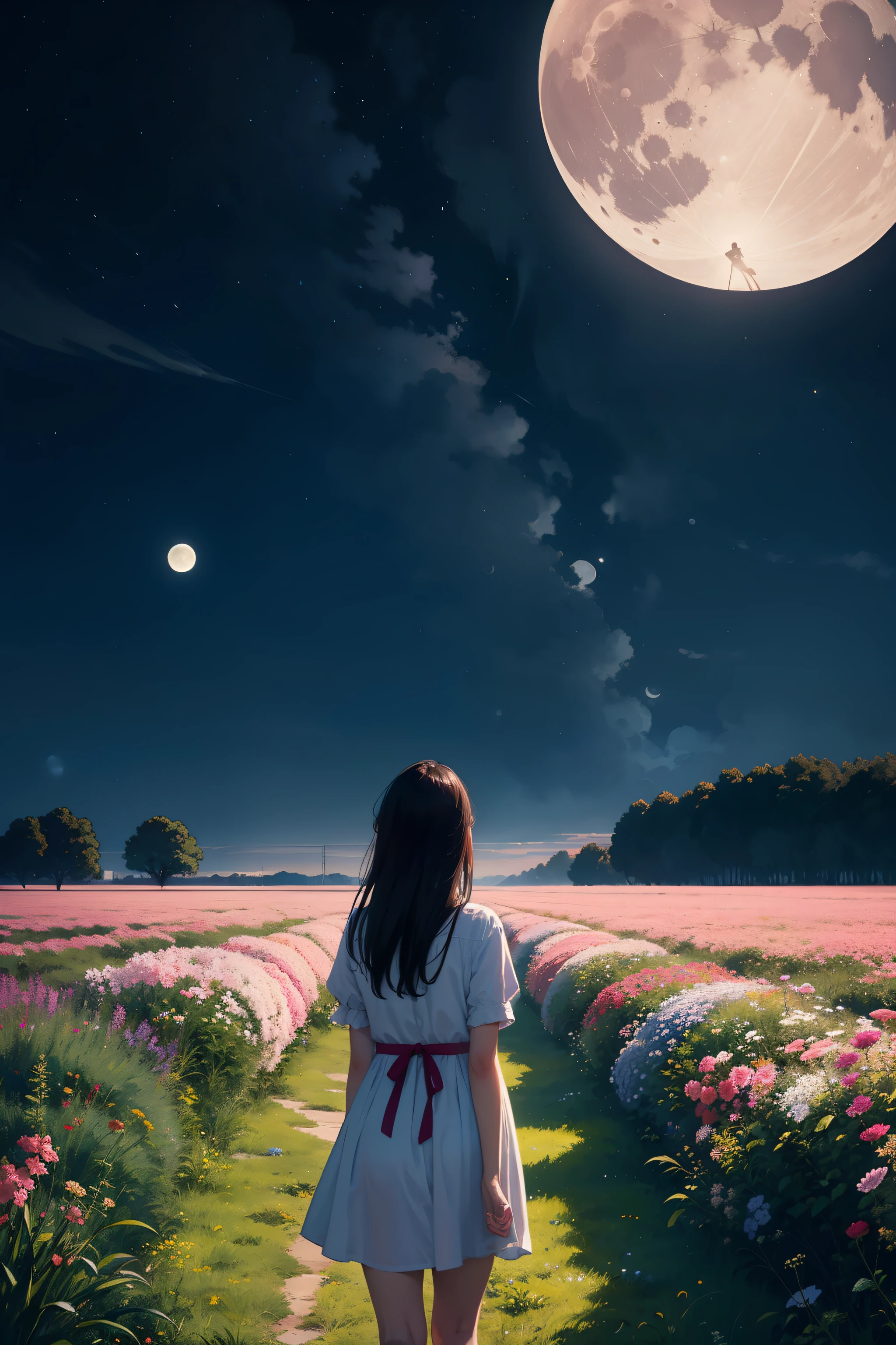 grassland beautiful flower々Staring at the moon surrounded by A girl from behind trying to catch the moon
