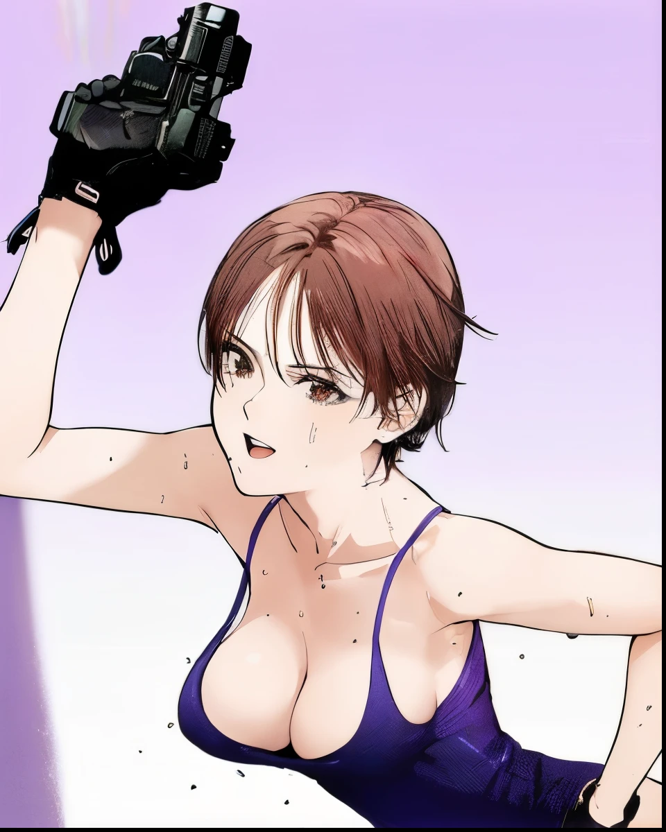 uma mulher com uma blusa roxa segurando uma arma e usando luvas, girl with gun in hands, glamorosa Jill Valentine, protagonista feminina 👀 :8, Gun in hand, a pistol in hand, segurando uma arma, Yayoi Kasuma, Lagoa Negra Revy, revy da lagoa negra, personagem feminina de anime, female action anime girl, fujita goro!, inspirado em Ayami Kojima, Kusanagi, protagonista feminina, pose de tiro, fanart de alta qualidade