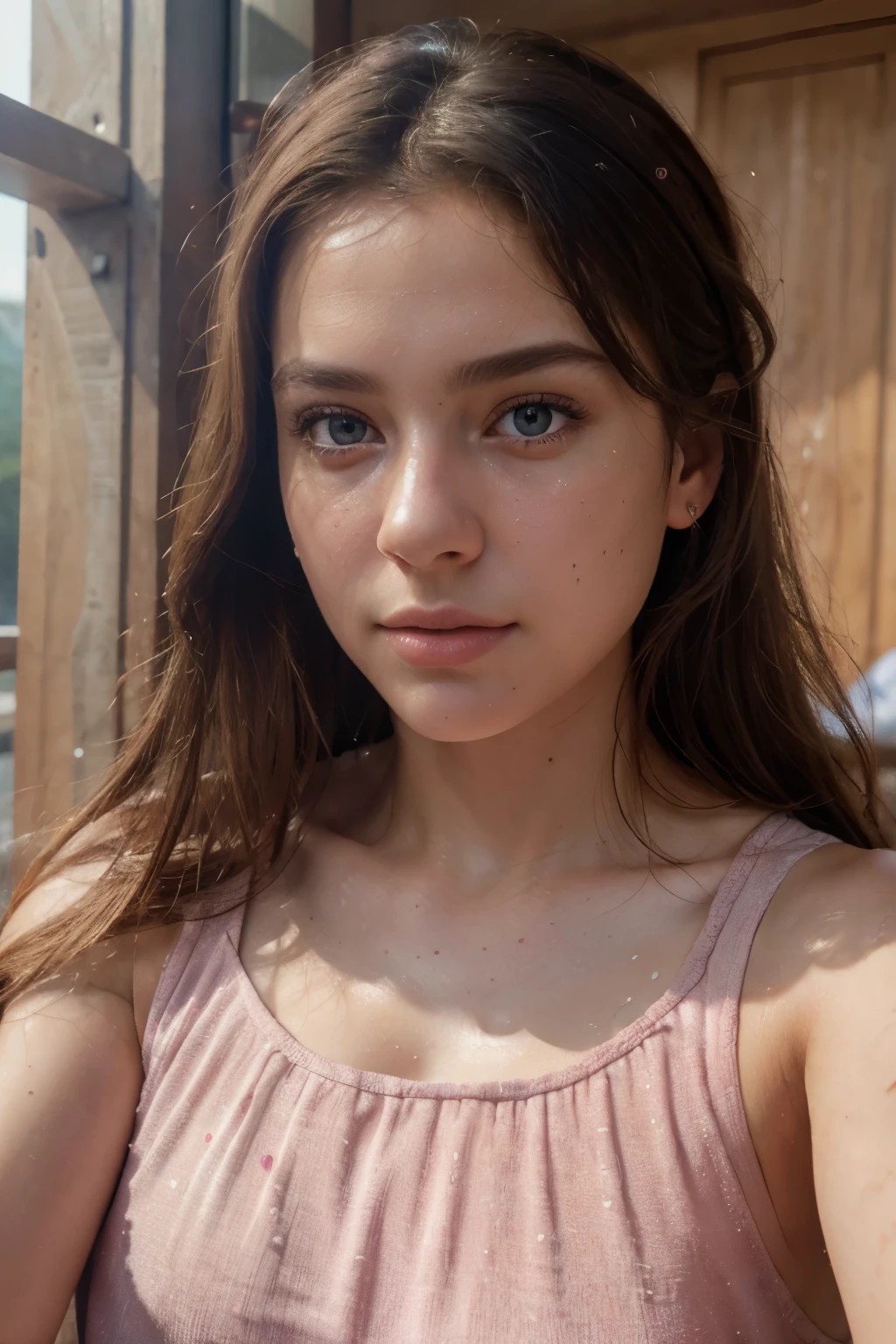 A 35-year-old white woman with brown hair, with long hair, symmetrical face, greeneyes, gorgeous eyes,  Body cute, beautiful  face, enthusiastic, divertida, friendly, natta, with tank top, neckleace, symmetrical face, amusement park, aretes, necklase, 50mm,