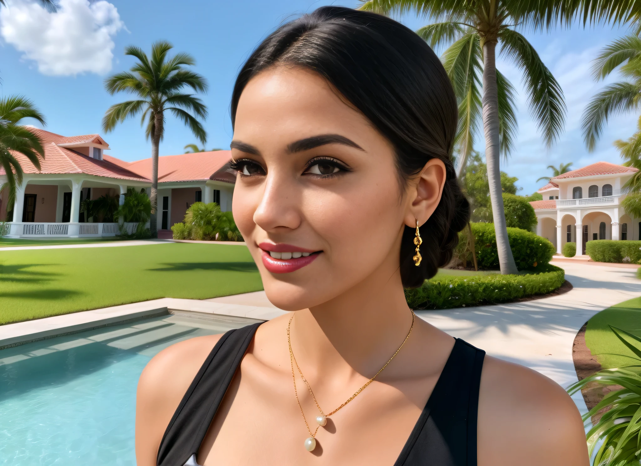 there is a woman who is looking at something in the distance, No fundo, a mansion in Florida, com palmeiras nas costas, na frente de uma casa de dois andares, Foto frontal, paradise No fundo, retrato frontal. Mulher com pele branca e cabelos escuros. ela tem cerca de 50 anos. Her pink lips are like a delicate flower, seus olhos castanhos escuros, grande e charmoso, parecem conter um mundo de maravilhas. Corpo fino. cintura fina. Your body exudes glamor and your face is the definition of beauty. altamente realista, lindo, pink lips, pink lipstick, sorridente, feeling of lightness and joy, hiperrealismo, pele muito elaborada, olhar direto. foto de corpo inteiro, foto clara, alta qualidade, high resolution, arte, 8K.