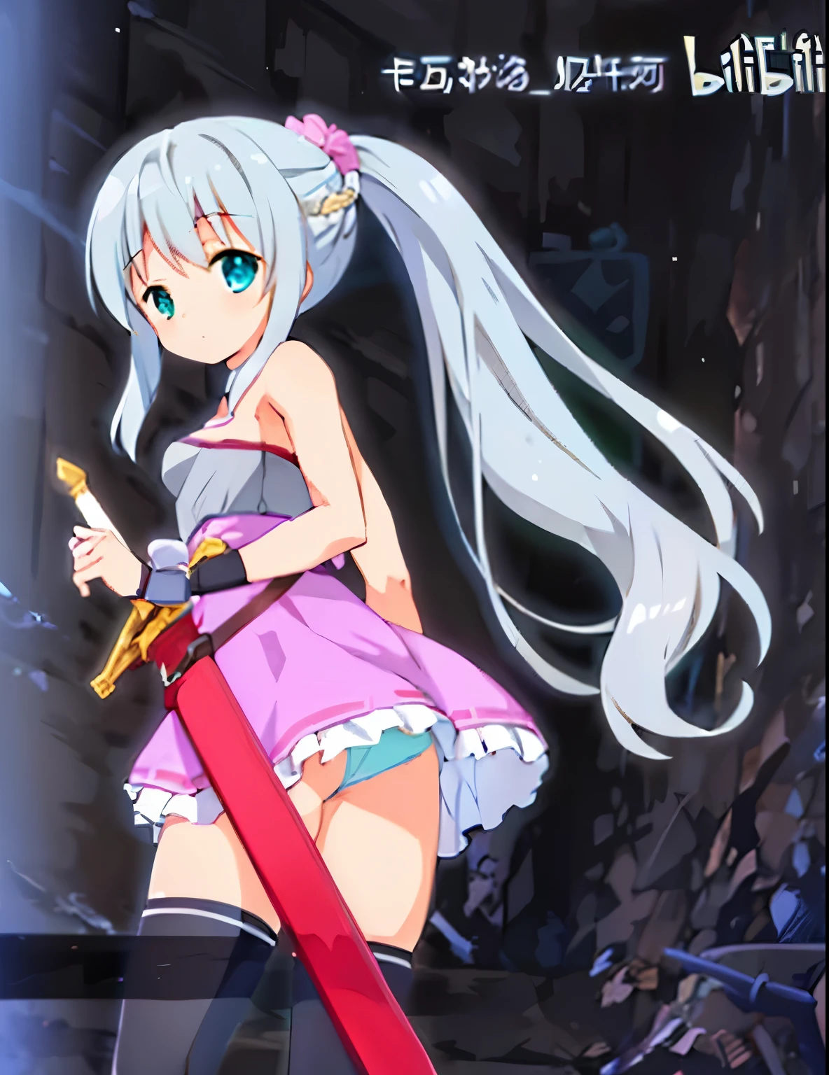 HD ILLUSTRATION, anime girl with long white hair holding a sword, ponytail, green eyes, anime moe artstyle, anime best girl, , pantyshot, (light-blue panties:1.3)
