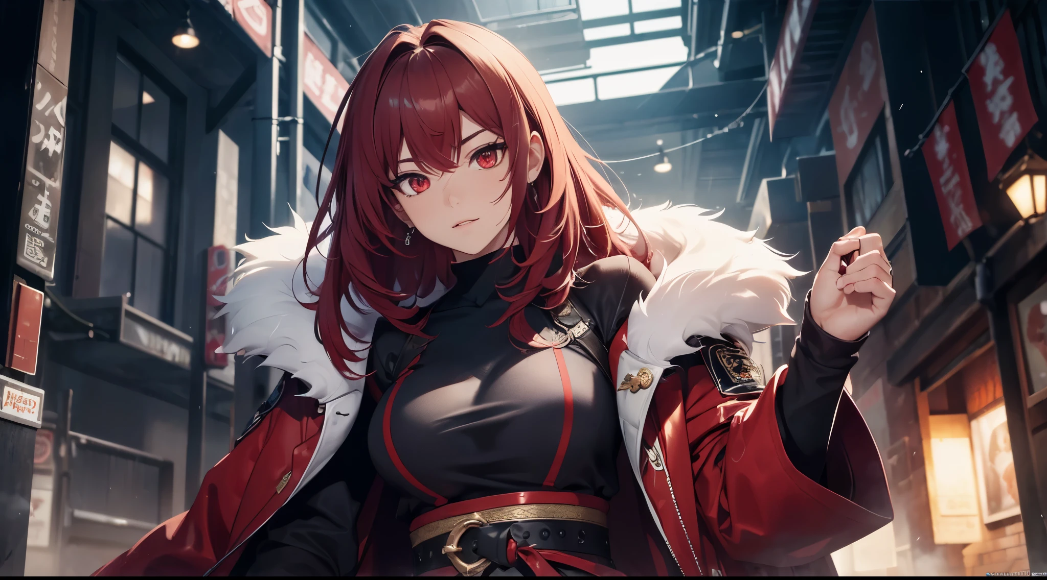 (best quality,highres,masterpiece:1.2),ultra-detailed,(HDR,UHD),(vivid colors:0.9),(physically-based rendering:1.1),bokeh,extreme detail description,portraits,landscape,studio lighting,color tone:cool tones,(sharp focus:1.1),fur pelt coat,red eyes,long greyish red hair,martial arts clothing