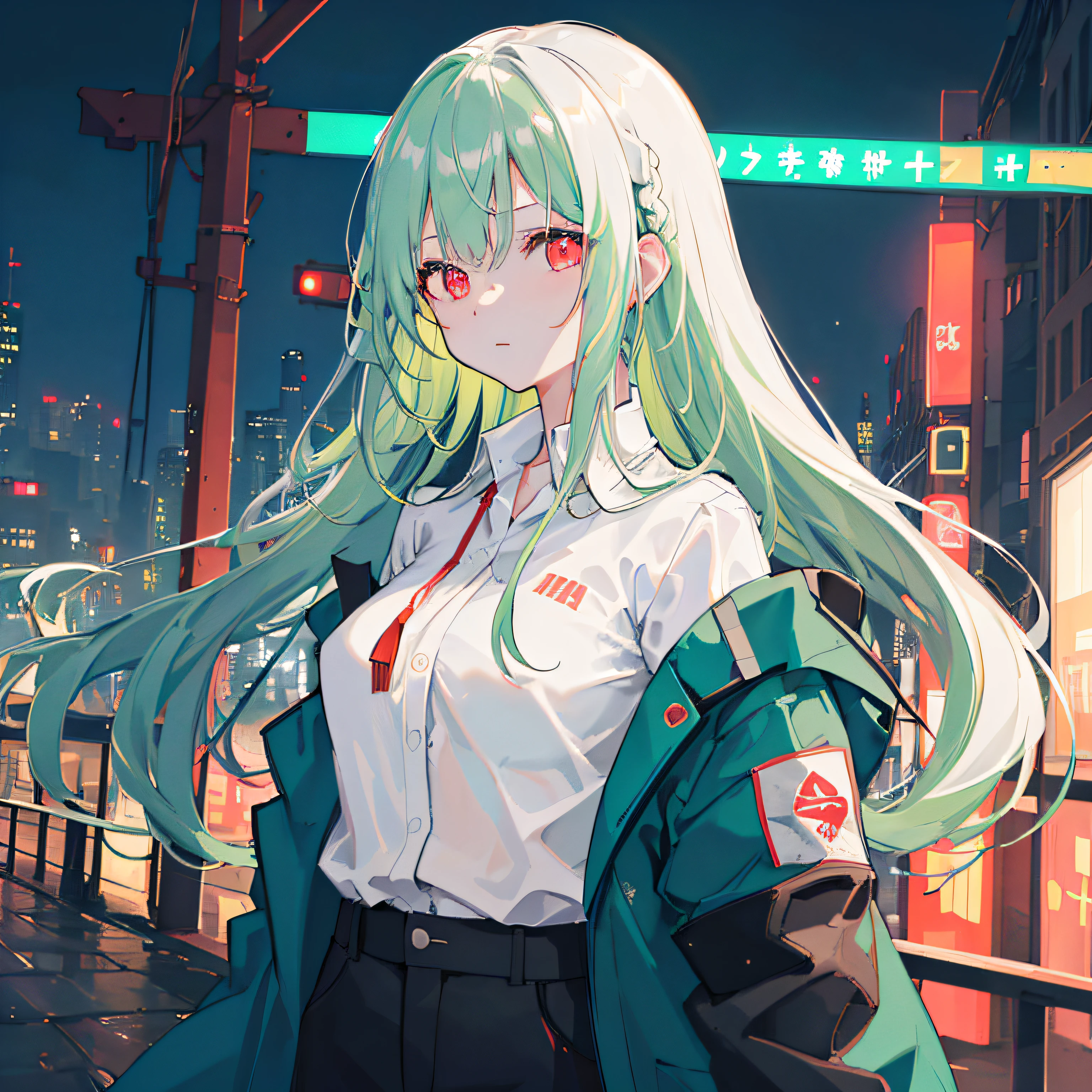 1人of女of子, solo, of上, ,(night_null), (very_length_green_hair), Braid, (red_eye), Moderate_chest, (white_shirt:1.5), (windbreaker), (Portrait), shine_eye, background_light, (cityscape:1.5), (neon_lights:1.2), (science), cyberpunk, ((masterpiece)), (high resolution), (Highest_quality), (very_be familiar with), (original),(Delicate background),(Very be familiar with 8k wallpaper),cinematlic lighting, volume lighting, light Particle, with shadow_face, beautiful_be familiar with_eye, depth_of_field、point of view、