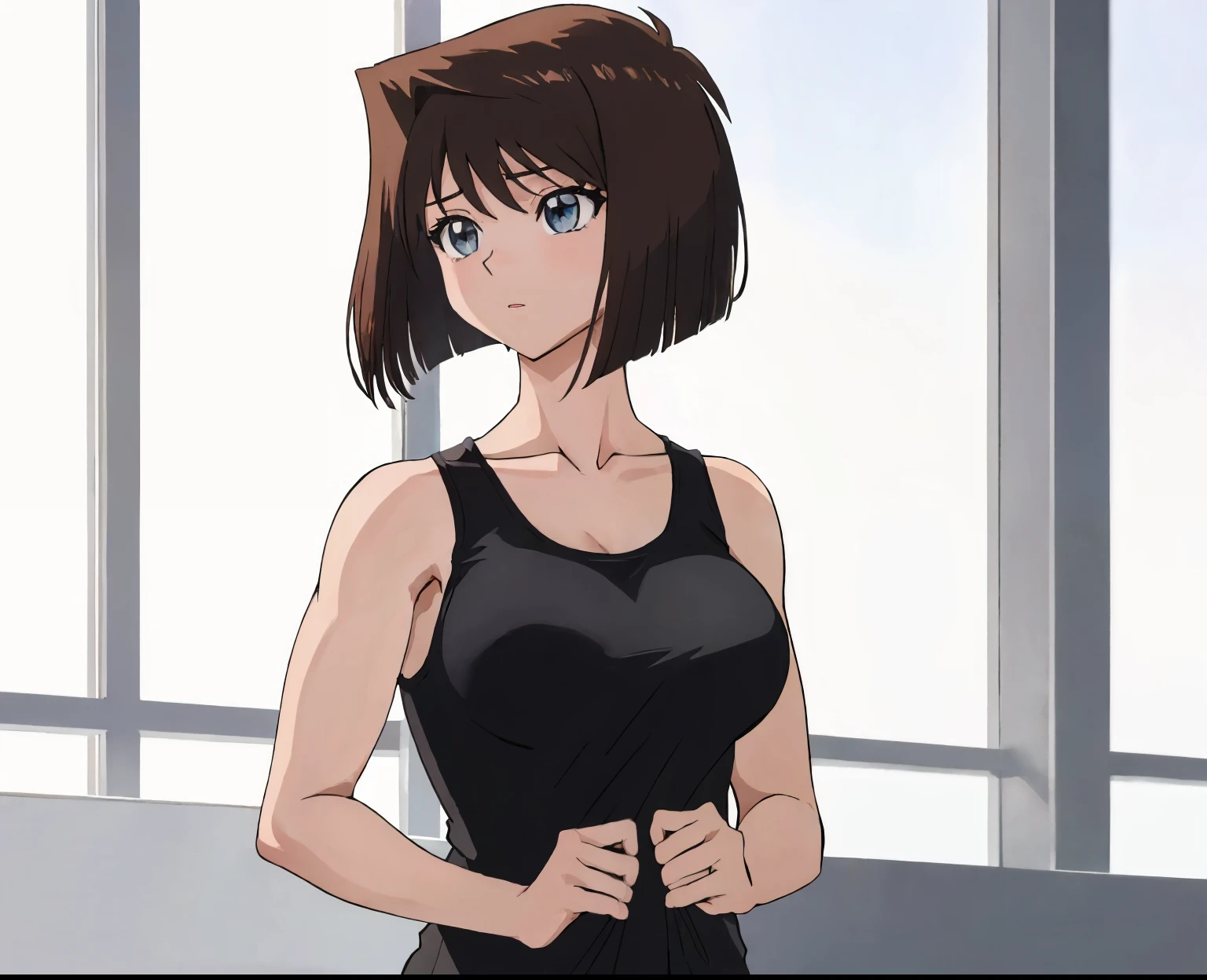 茶髪のアニメのgirl, girl, classic girl, girl, girl romance, 公式fan art, 短い茶髪のgirl, 青い瞳のgirl, bob cut, big breasts, Tits, had very large breasts, muscular woman, feminine and muscular, female focus, staring at, upper body only, Are standing, fan art, clothing:black tank top, anime dick!!!!, high school girl, adult sex appeal, tanktop with an black, 