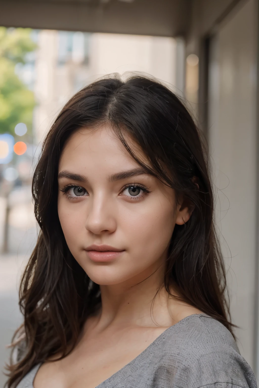 Stunning girl with grey eyes and dark hair. Front view of just face. Use this image as inspiration: https://i.pinimg.com/564x/e2/ed/c0/e2edc01840797be5d7f12519f16438fa.jpg