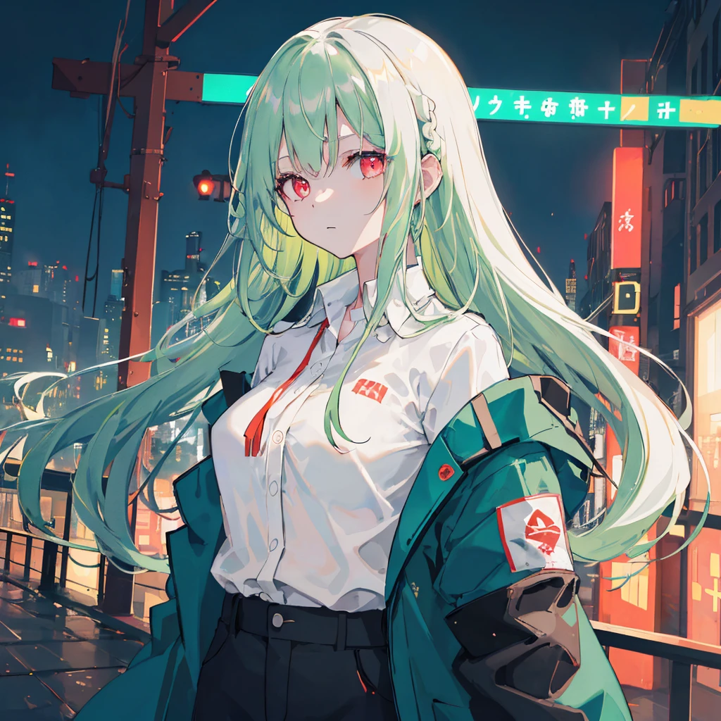 A slender girl , fair skin, crimson eyes, light green straight long hair ,crisp white shirt , light green color hair, dark green windbreaker , simple black shoes, her arms are gently spread out from her sides, ensuring a clear view of her entire arms in a natural, simple background , masterpiece , high quality , high resolution, no shadow on body, no shadow on face , no shadow