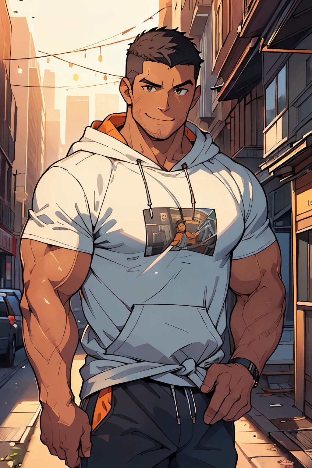 Masterpiece, Best Quality, Ultra Detailed, 1man, big, strong, jock, muscular, hunk, bara, jock, beef, athletic, tanned skin, black hair, (buzz cut:1.0), orange eyes, very detailed eyes, smiling, wearing airdots, classic short sleeve t-shirt, gray t-shit, (((hoodie tied around waist:1.0))), black pants, cargo pants, medium full shot, cursed energy flowing around his body, city streets background, daylight, Illustration of,dabuFlatMix_v10.safetensors,Black,Cursed energy,Male focus,pastelbg,nijimale,mature male