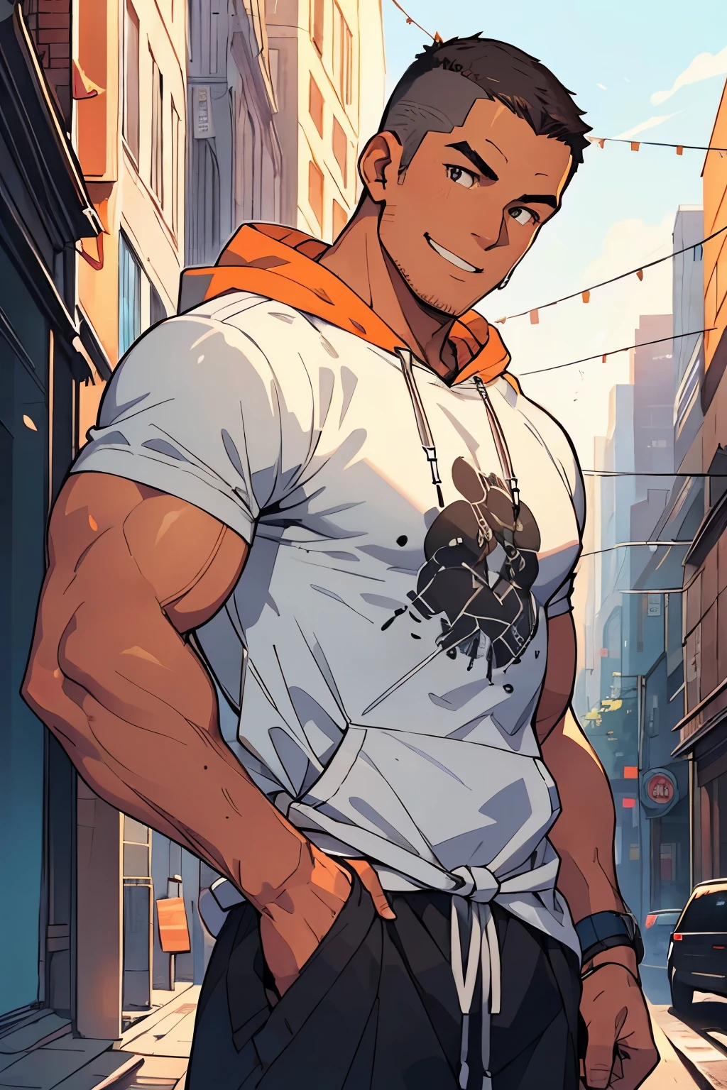 Masterpiece, Best Quality, Ultra Detailed, 1man, big, strong, jock, muscular, hunk, bara, jock, beef, athletic, tanned skin, black hair, (buzz cut:1.0), very short haircut, orange eyes, very detailed eyes, smiling, wearing airdots, classic short sleeve t-shirt, gray t-shit, (((hoodie tied around waist:1.0))), black pants, cargo pants, medium full shot, cursed energy flowing around his body, city streets background, daylight, Illustration of,dabuFlatMix_v10.safetensors,Black,Cursed energy,Male focus,pastelbg,nijimale,mature male