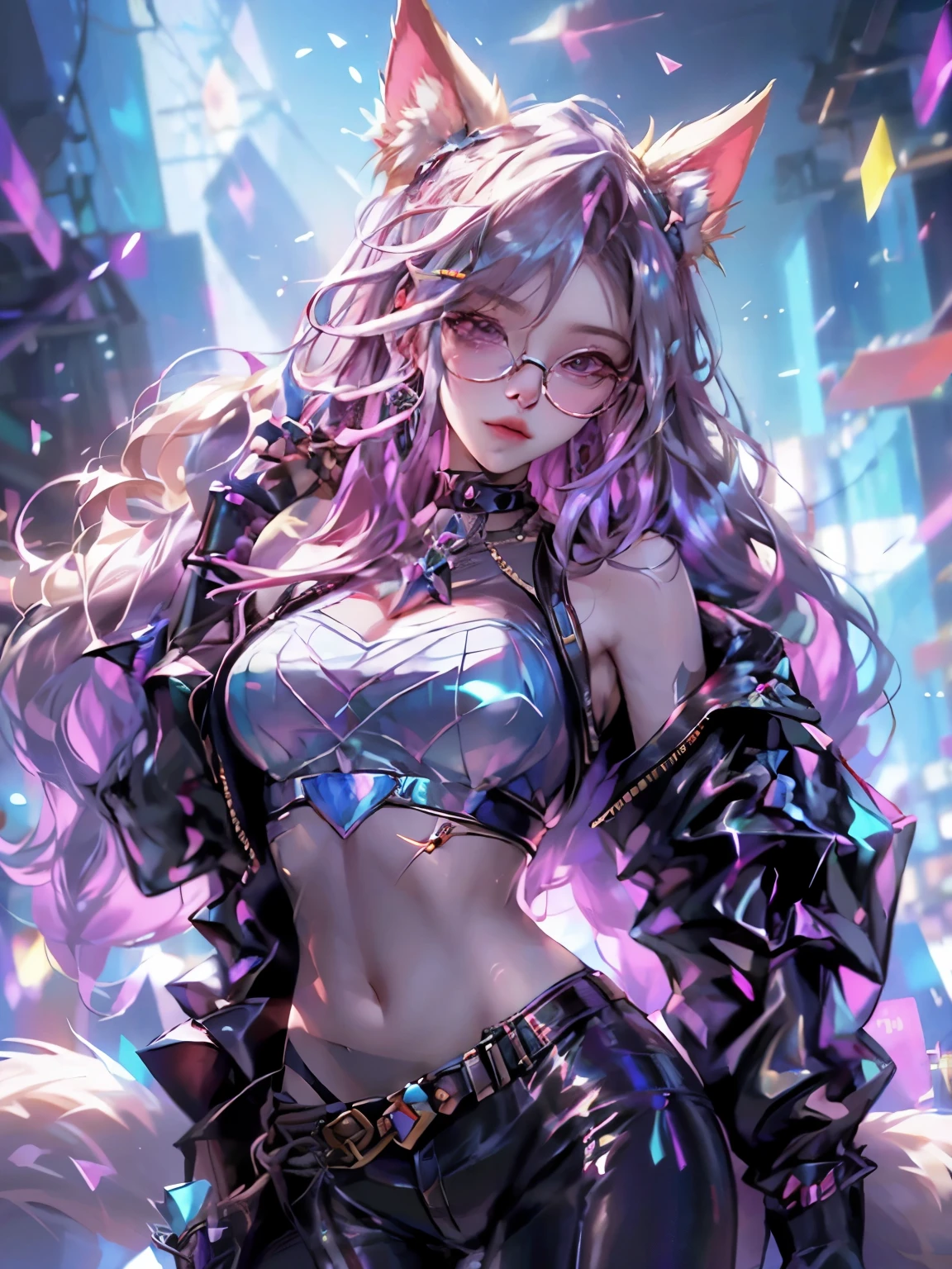in cyberpunk city, cyberpunk photo, cyberpunk 2 0 y. o model girl, in a futuristic cyberpunk city, female, in a cyberpunk city, cyberpunk beautiful girl, in cyberpunk style, cyberpunk girl, futuristic cyberpunk tokyo night, at cyberpunk city, (tmasterpiece、4k resolution、ultra-realistic realism、The is very detailed), "Full and juicy lips, mesmerizing wide eyes, a defined jawline, and high cheekbones. A perfectly symmetrical face with distinct features.", wearing glasses, Japaneses, Ahri from league of legends