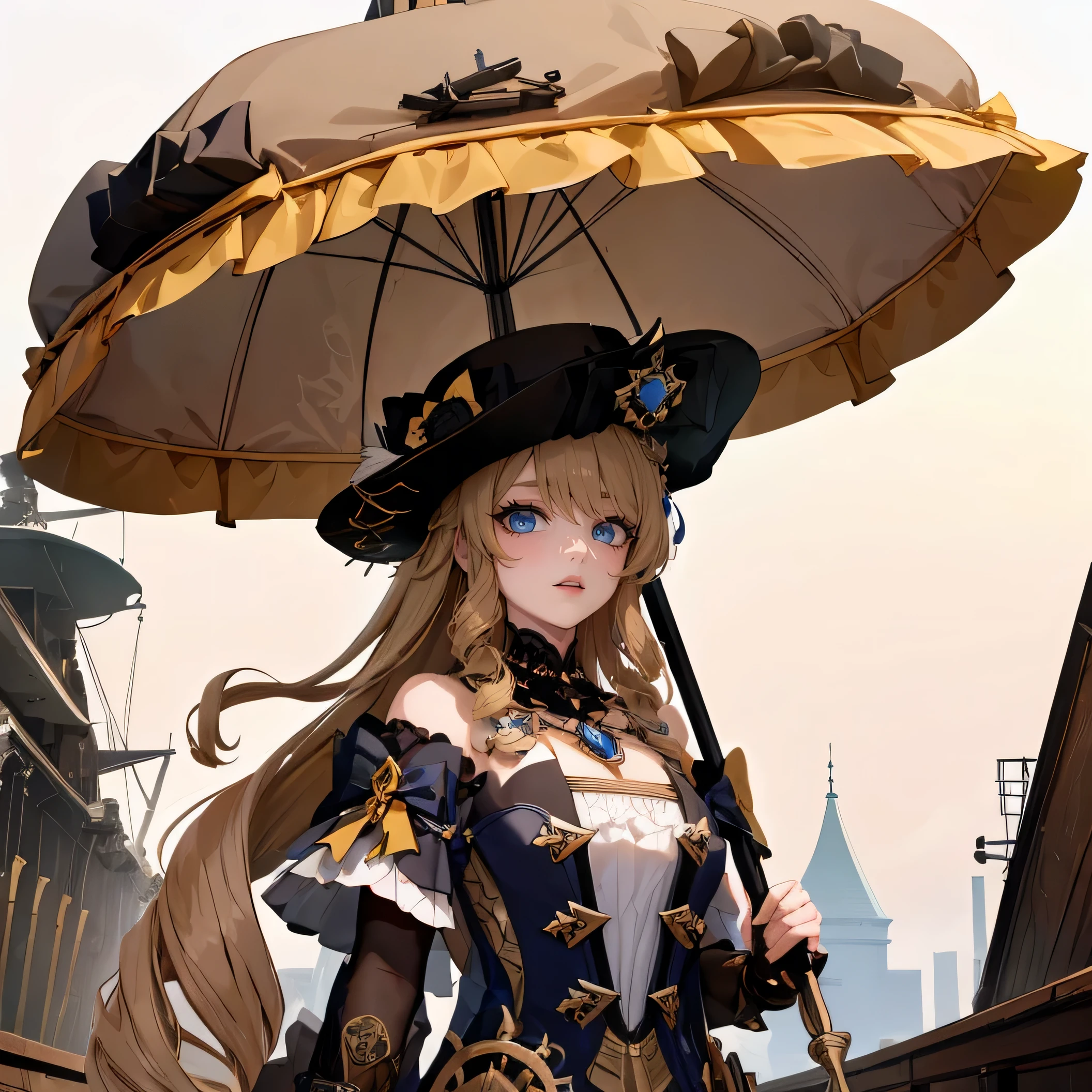 (Masterpiece:1.2),Best quality,ship,1 girl,,umbrella, detailed eyes ,high quality, steampunk on beige background