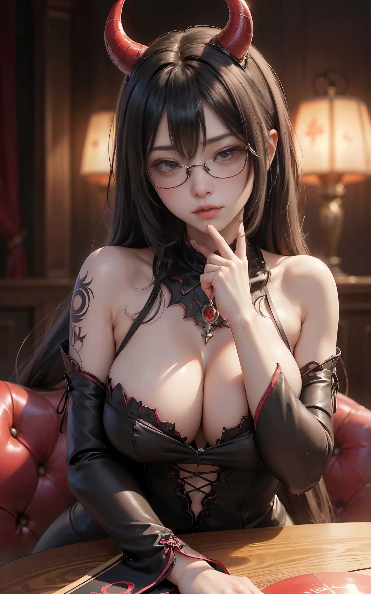 got itですかですか、(best illustrations)、8k UHD resolution、intricate details、highest quality、realistic、Super detailed、best lighting、best shadow、soft lighting、ultra hd、超realistic、Tyndall effect、Photoreal、(high detail skin:1.2)、 (intricate details, compensate, face to face with the children_v1:0.5), (got it, beautiful and delicate face, got itですか, beautiful and delicate eyes, perfectly proportioned face, high resolution skins, fine skin, Optimal ratio of 4 fingers and 1 thumb, arm under chest, red tattoo on lower abdomen、Wow wow, wide hips, smooth abdomen, thin and thin skin, __fashion__, __hair__:1.25)、Digital single-lens reflex camera、 absurd、(table top: 1.3), (maximum resolution: 1.2), (ultra hdTV: 1.2), cinematic light, fine eyes and skin, detailed facial features, , (sharp focus: 1.2), (focus on the face:1.2),perfect style, beautiful face, acura, anatomically correct, Highly detailed face and skin texture, fine eyes, double eyelid, thin eyebrows, glitter eyeliner: 1 natural cheeks, Glossy skin, Fair skin: 1.2, (glossy lips: 1.4),(embarrassed look: 1.2),Highly detailed face and skin texture, fine eyes, double eyelid, natural cheeks, glossy lips: 1.4,exposed cleavage、Bewitching。charm、 Beautiful devil woman from hell, デヴィッド・ホックニーとアルフォンス・ミュシャによる超realistic女性の肖像画, charm女性の肖像画、fantasy art, Chinese humanoid robot、chinese actress、dungeon、dragon、devil'palace of、devil'torture chamber、night、dark style 、in the dark、(detailed spooky background:0.8), magic、 1 girl、evil nun、dark necromancer、Succubus、devil'Daughter of、Shinonome Umi、bat wings,(((devil'Horn)))、 ((((giant glasses, otaku glasses, thick glasses, round glasses)))),(((big breasts)))、(devil'tail)、(red eyesは光り輝いて:1.6)、red eyesは非常に鮮明で詳細です, your eyes are so beautifully made, ((red eyes:1.0)),intricate tattoo, demonic intricate tattoo, thigh tattoo, body tattoo, masterpiece、最もbeautiful face、baby face、cute smile、beautiful plump red lips、筋肉のcharm体、devilのcharm体、devil style、charmブラックマジックコスチューム、The long-haired、Braid、Black hair、Ponytail distortion、, Ponytail with a bow tied at the back of the hair, beautiful expression、body up、big breasts強調、bust, super tight chest, Breast augmentation surgery, Breasts are very big and round,tight waist、wide ass、 secret key, cowboy lens, (black phoenix dress: 1.0), devil crown, bright red jewel necklace、Jewelry G Wise, Please wear black mesh socks,wearing light red、nffsw, nffsw, Meeting beautiful girls, look at the girl'Main body,