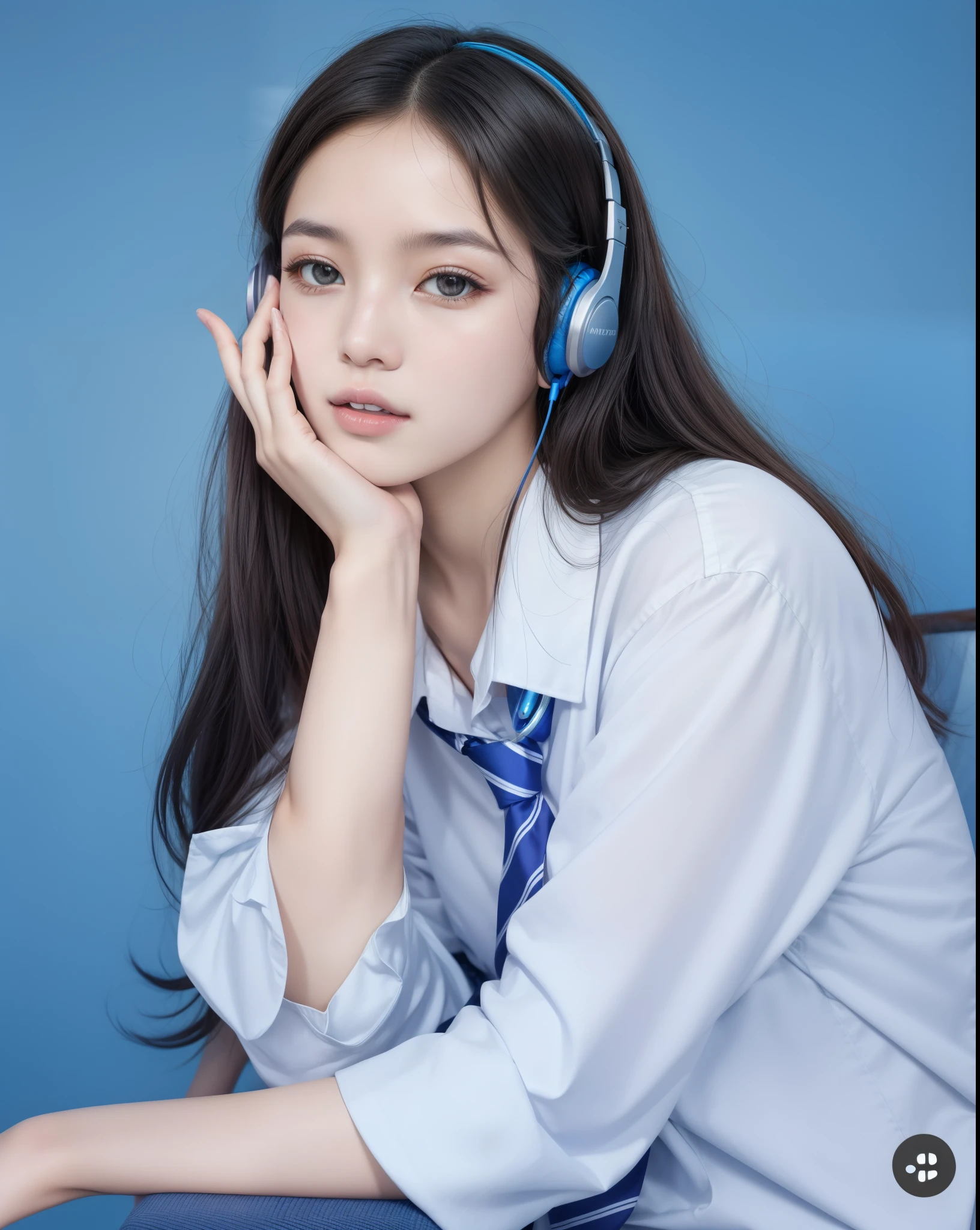 arafed woman in a blue shirt and tie sitting on a chair, girl wearing headphones, with head phones, promo shot, with headphones, high quality portrait, wearing headphones, sakimichan frank franzzeta, hana alisa omer, portrait of high school girl, kiko mizuhara, promo still, a hyperrealistic , photo of young woman
