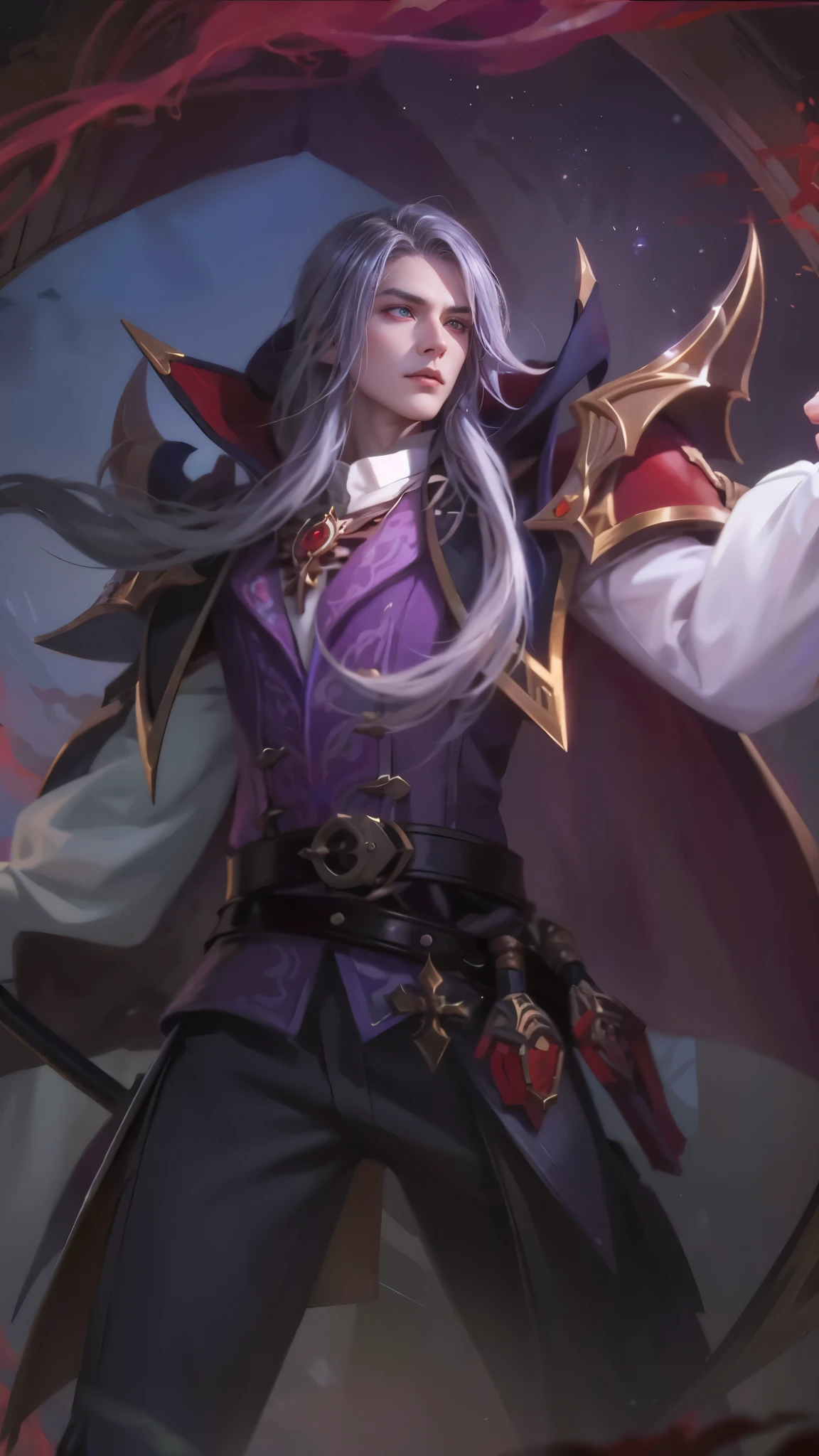 a close up of a person holding a sword in a dark room, heise jinyao, astri lohne, inspired by Huang Shen, male vampire of clan banu haqim, zhongli from genshin impact, alucard, casimir art, keqing from genshin impact, karthus from league of legends, skinny male fantasy alchemist.